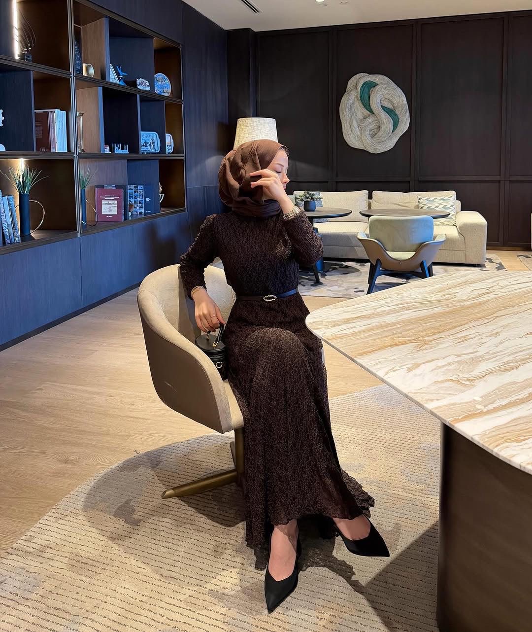 Fransız Dantel Elbise - Kahverengi