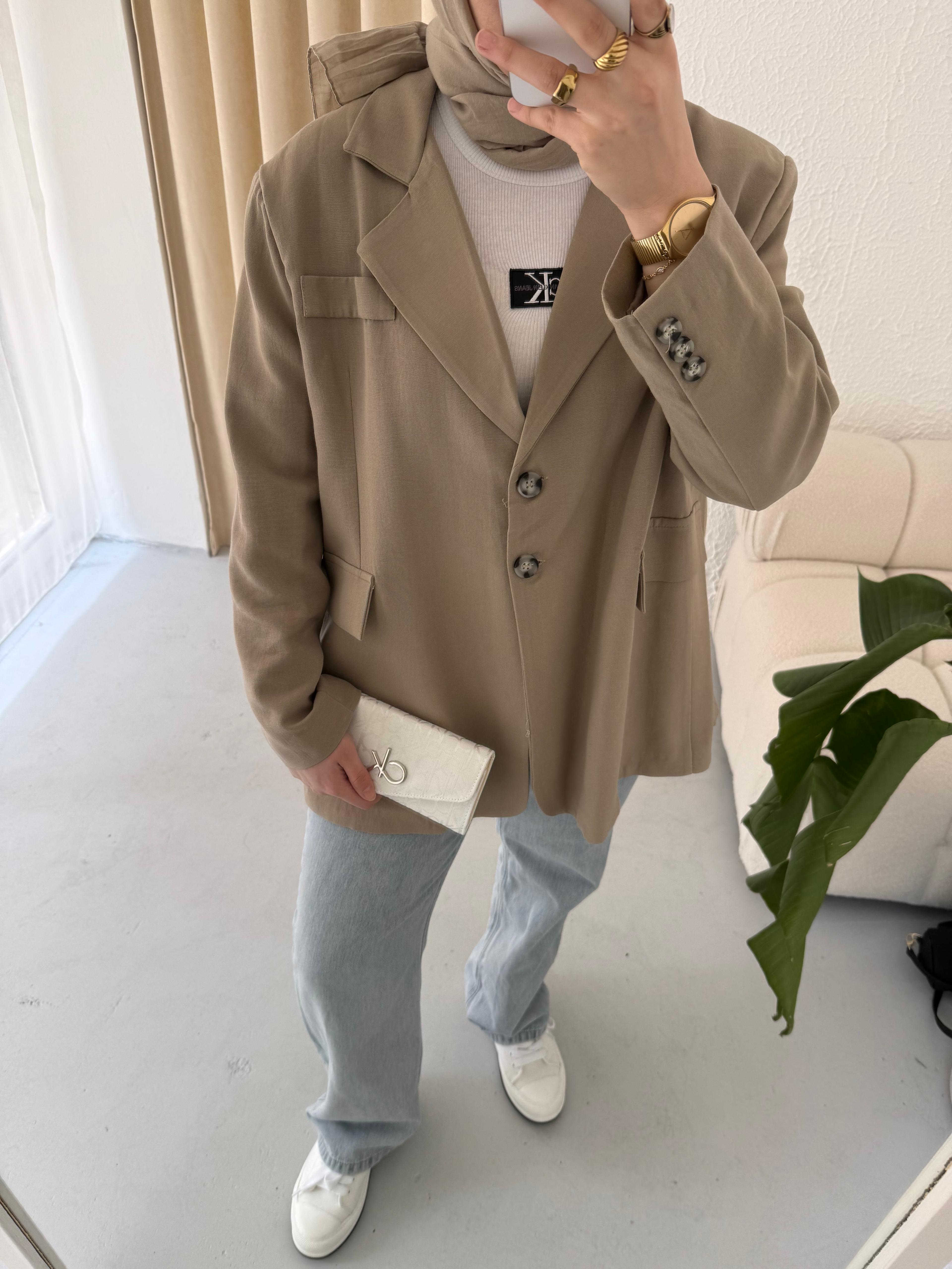 Keten Dad Blazer Ceket - Bej