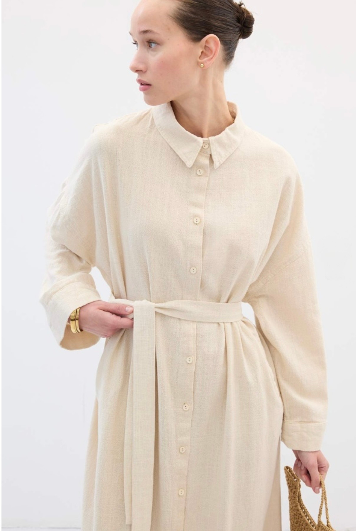 Basic Keten Elbise - Taş