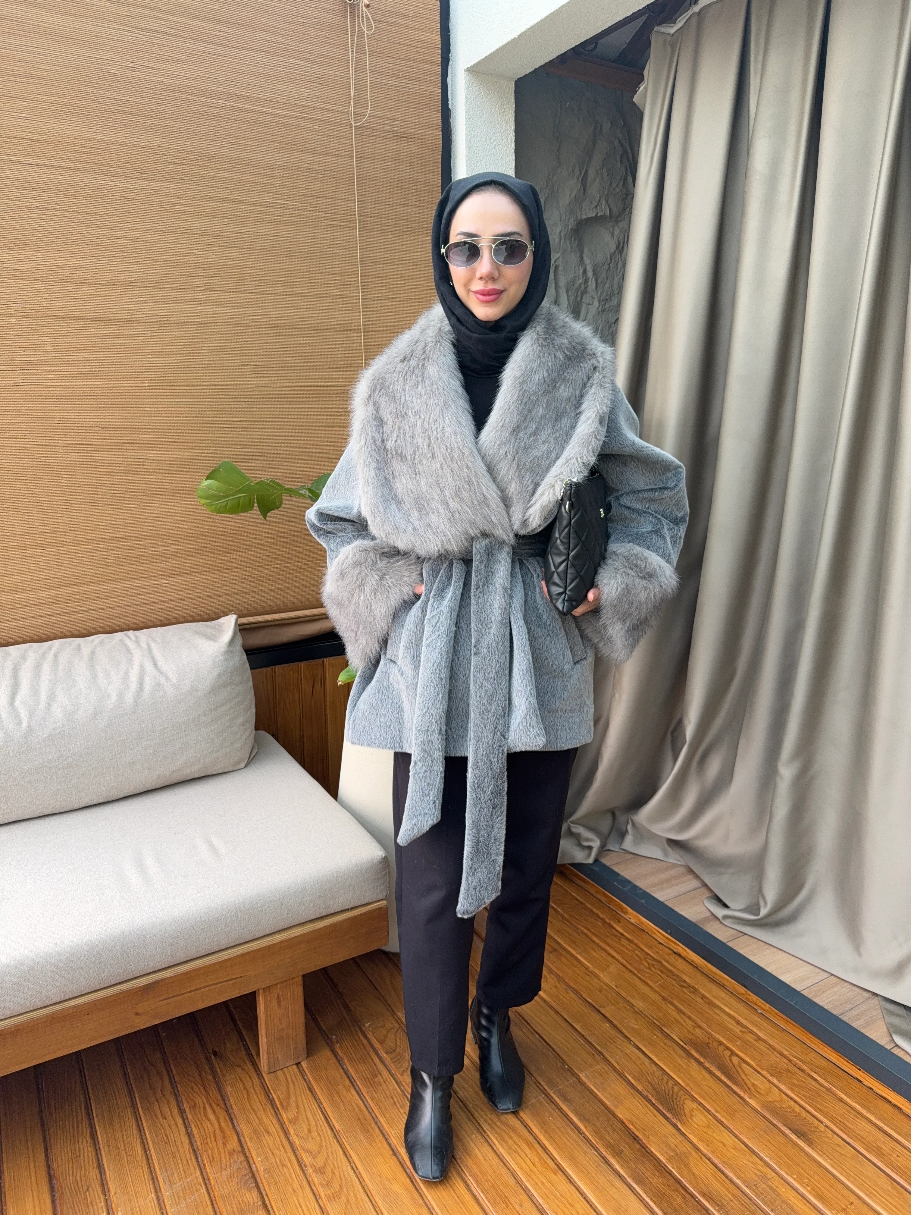 İthal Kürklü Kaban - Gri