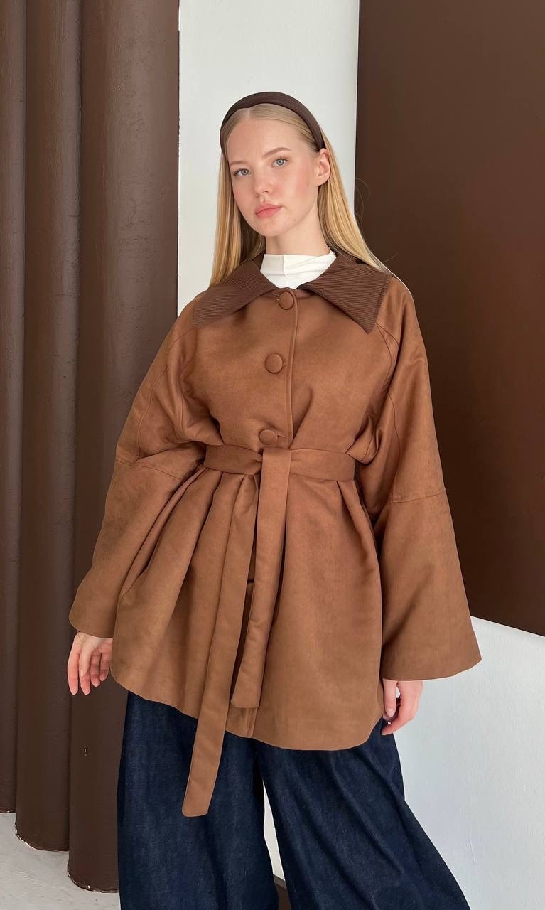 Elegant Nubuk Trençkot - Taba