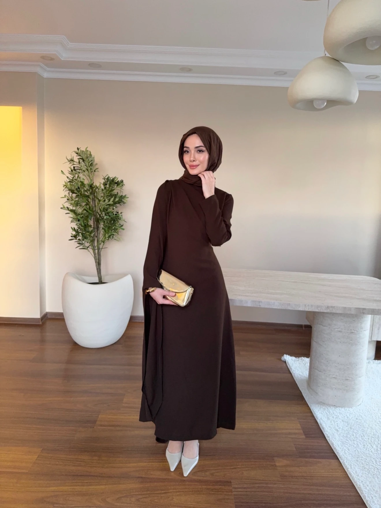 Şal Yaka Elbise  - Kahverengi