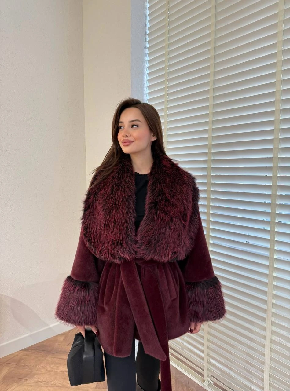İthal Kürklü Kaban - bordo