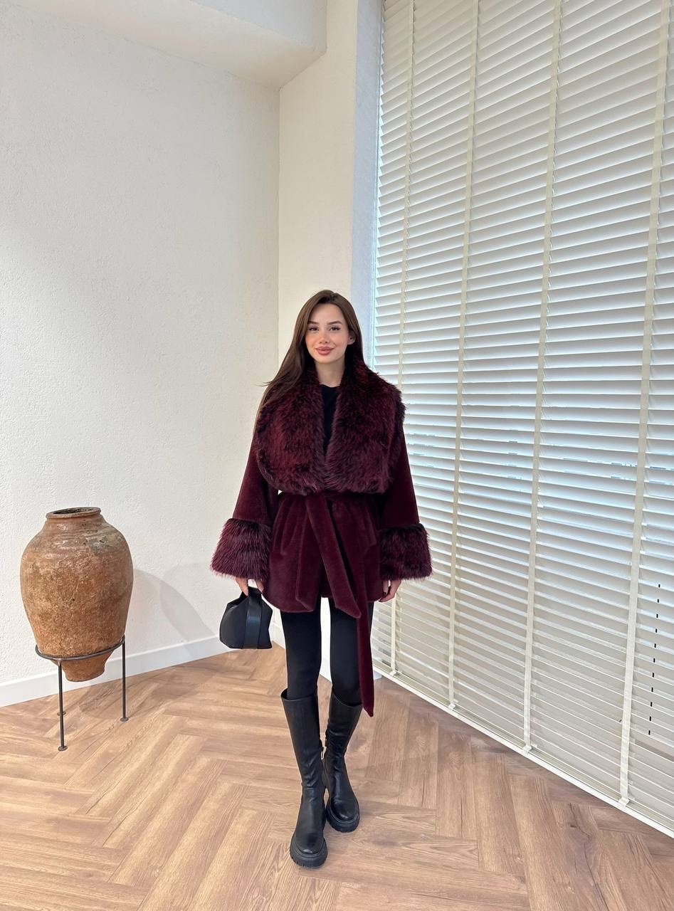 İthal Kürklü Kaban - bordo