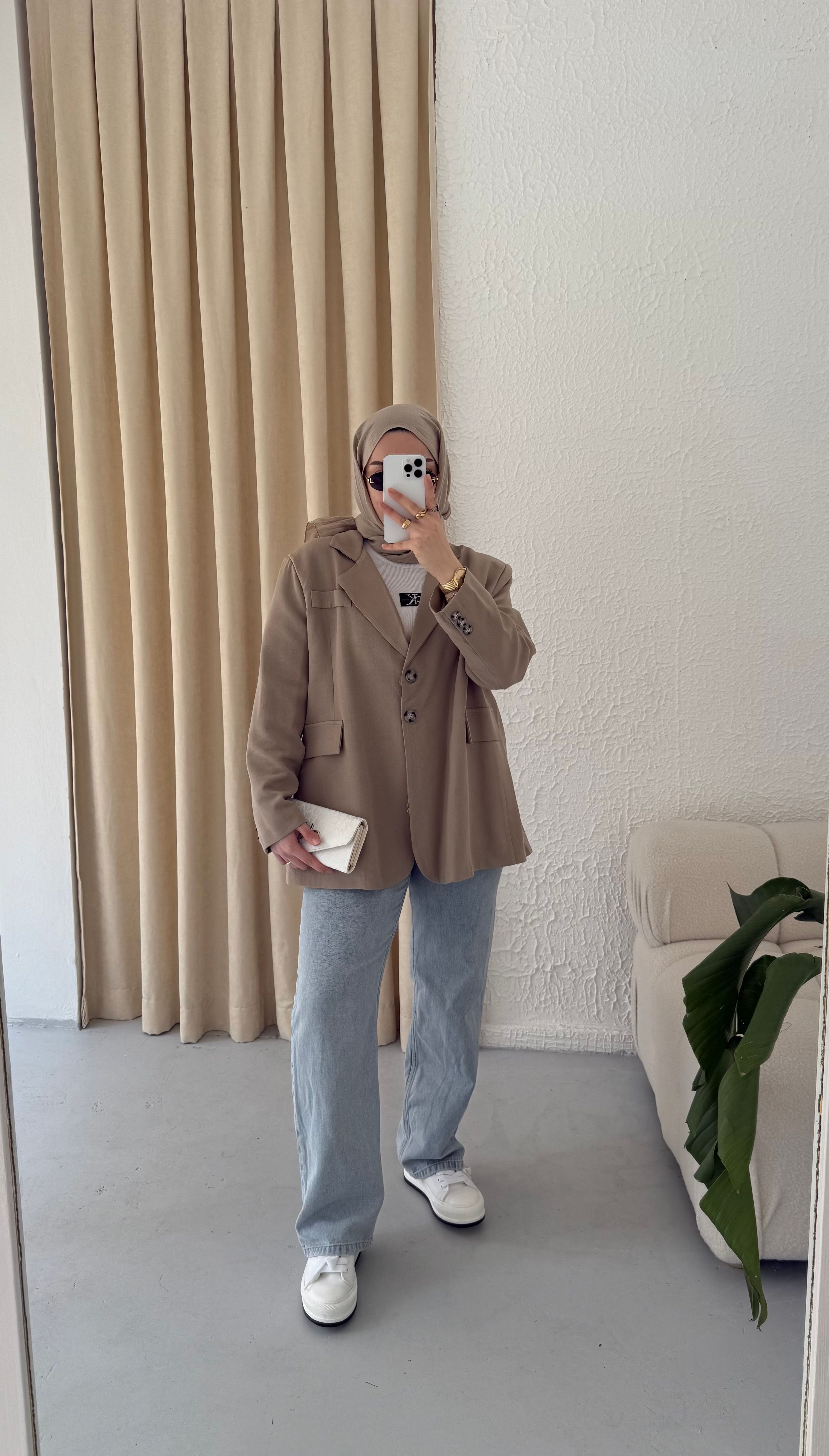 Keten Dad Blazer Ceket - Bej