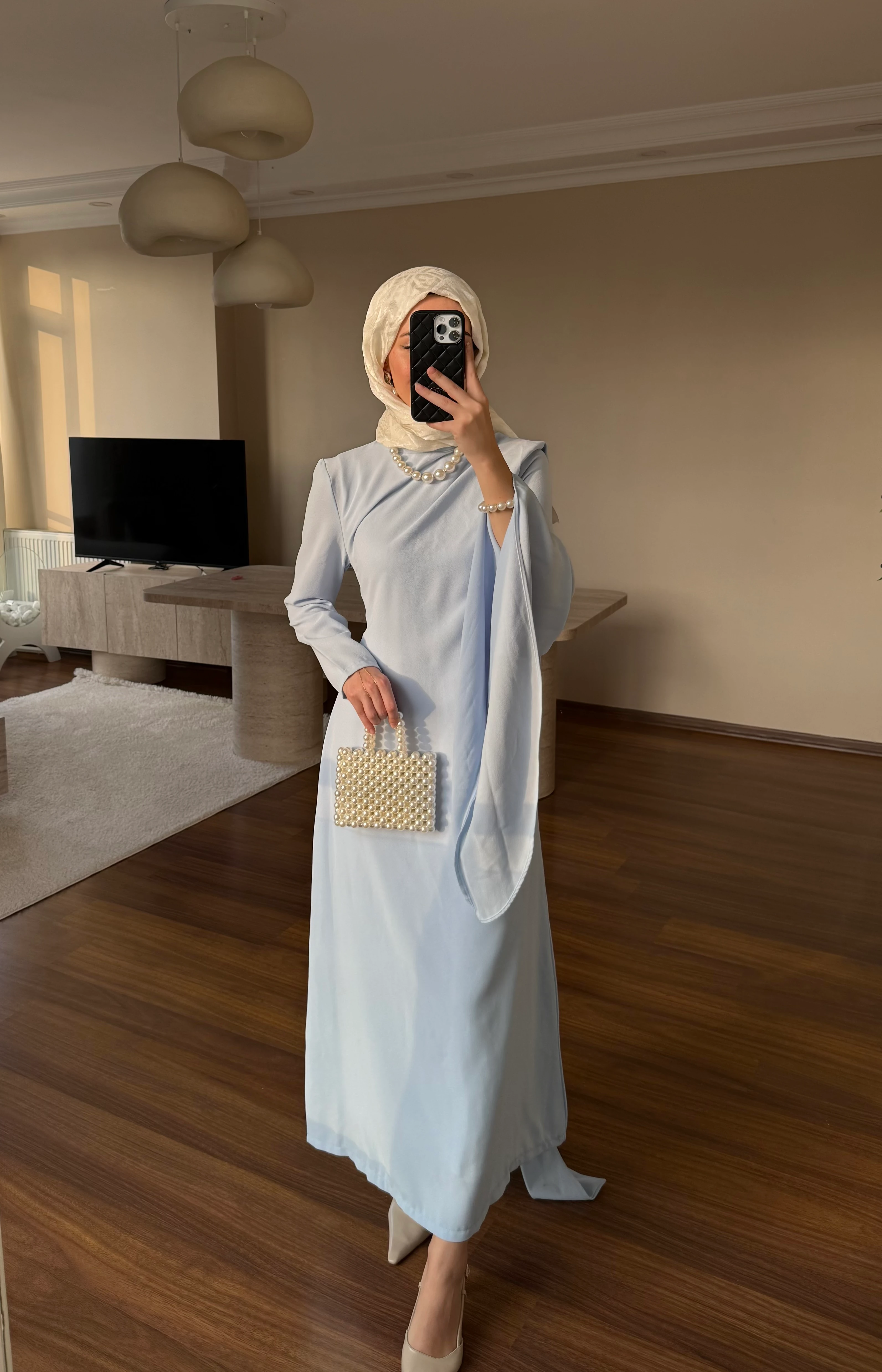 Şal Yaka Elbise  - Bebek Mavisi