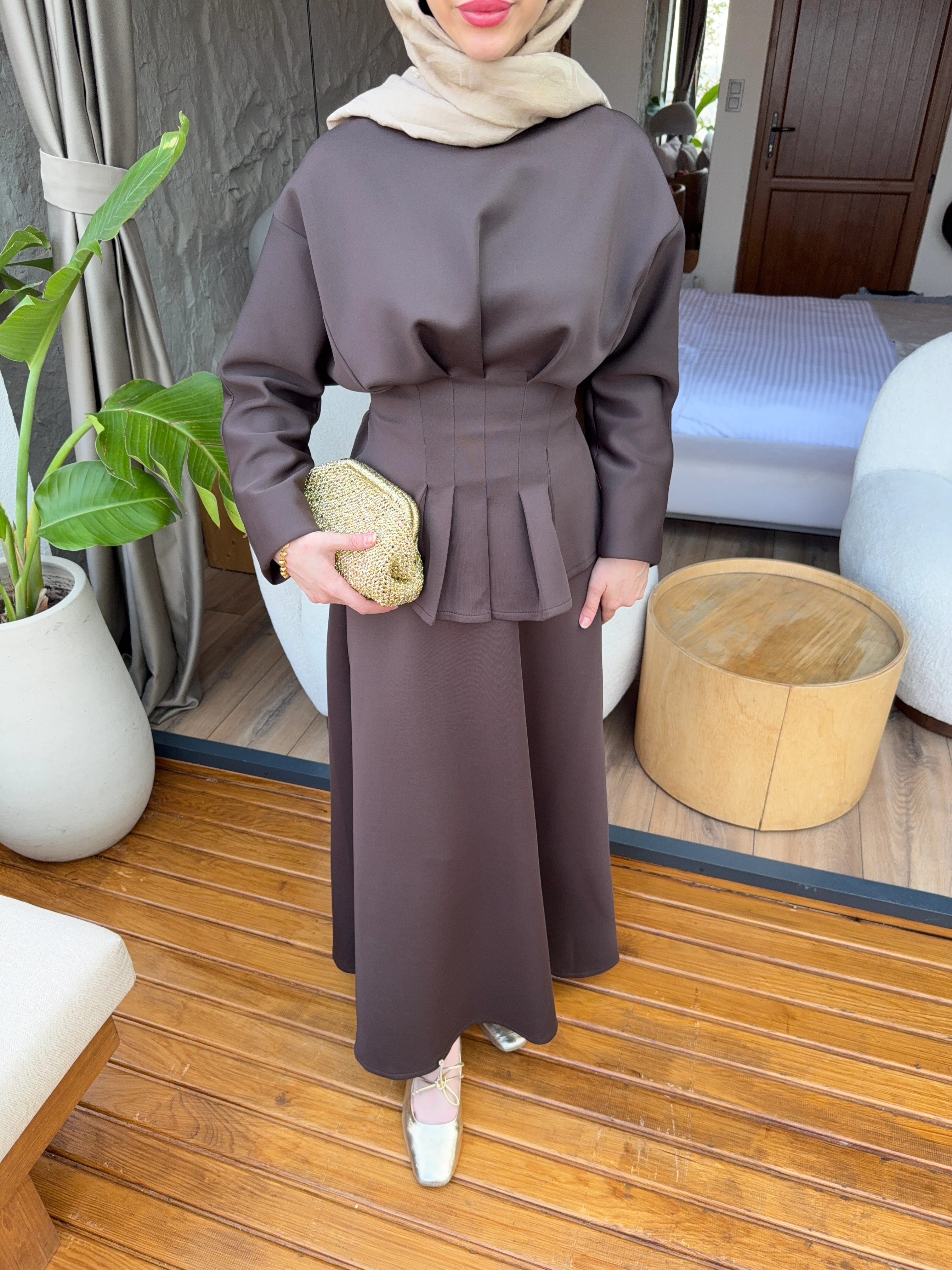 Belden Piliseli Etekli Takım - Kahverengi