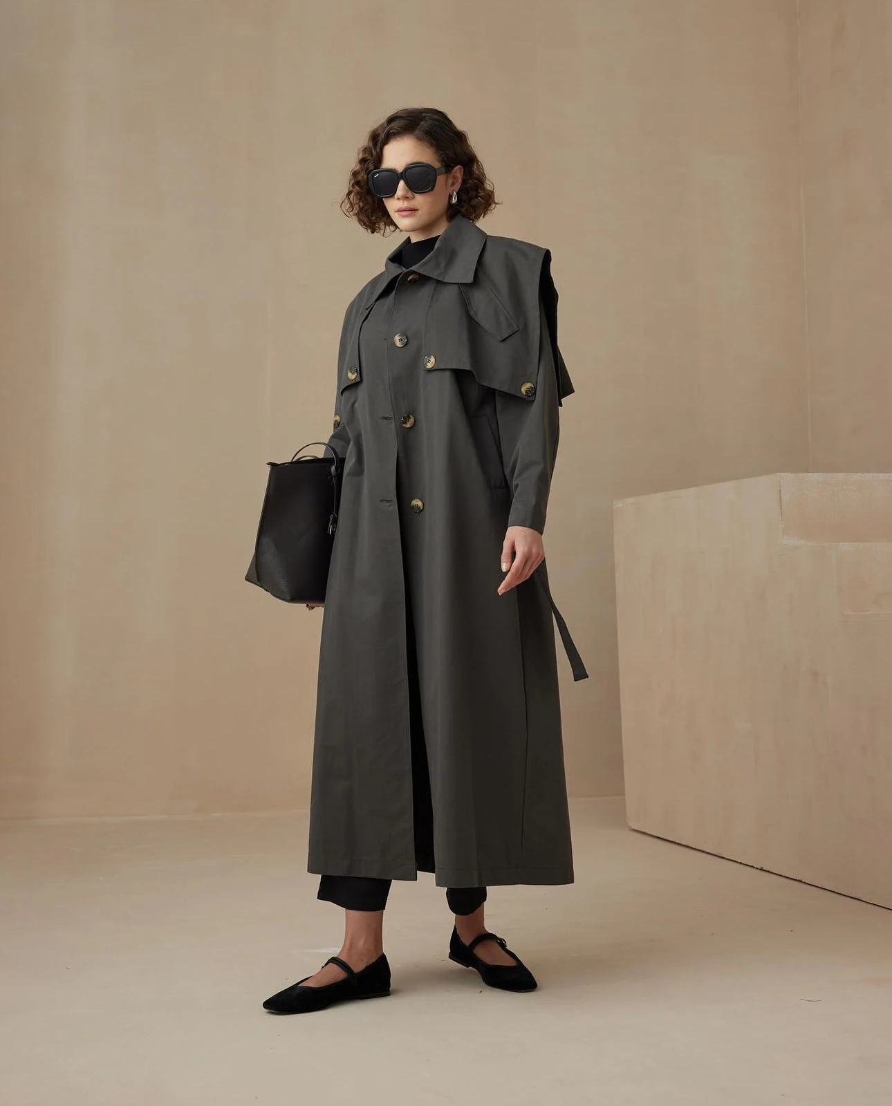 Apoletli trençkot - koyu vizon