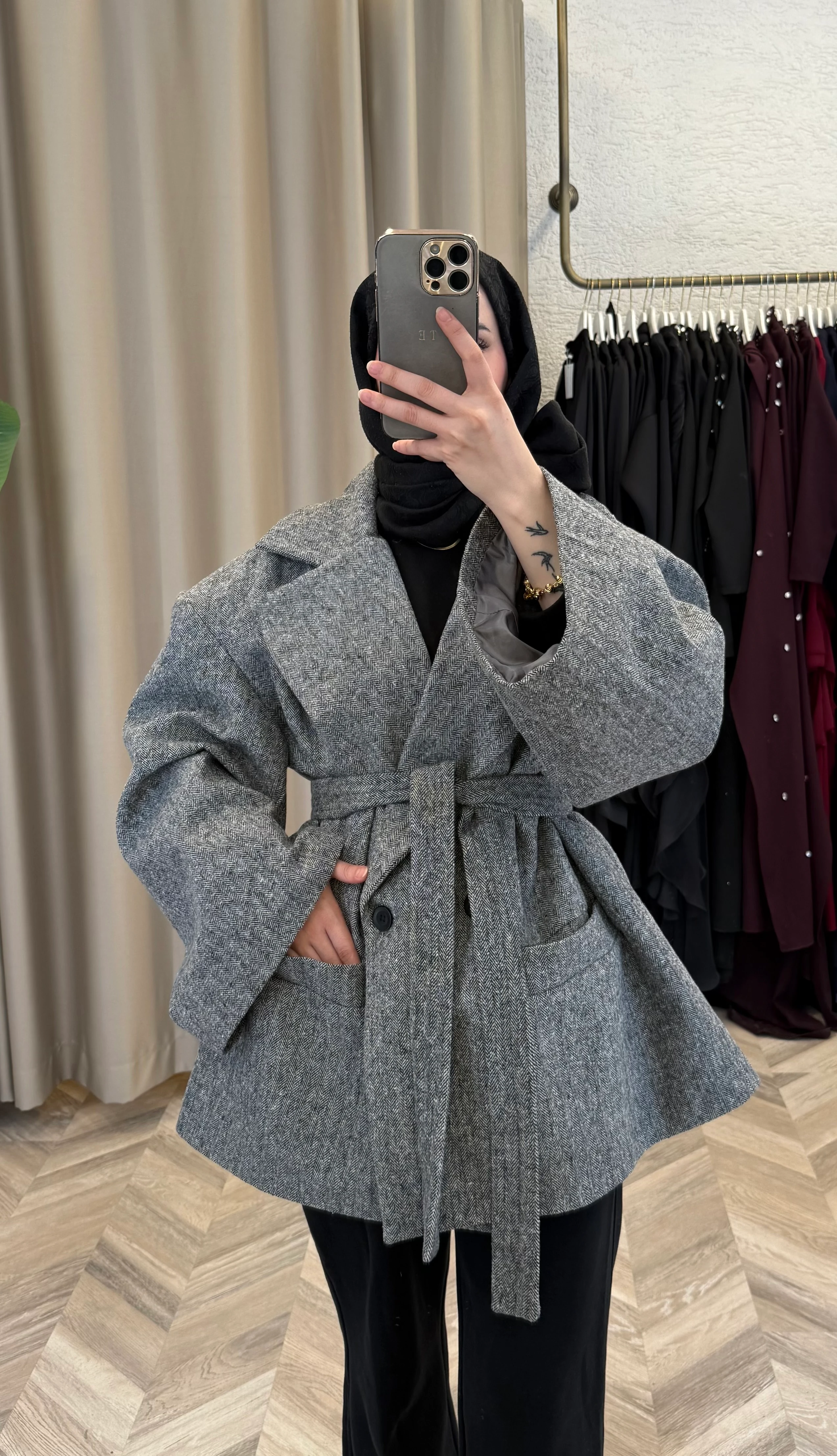 Geniş Kollu Kaşe Kaban - Gri