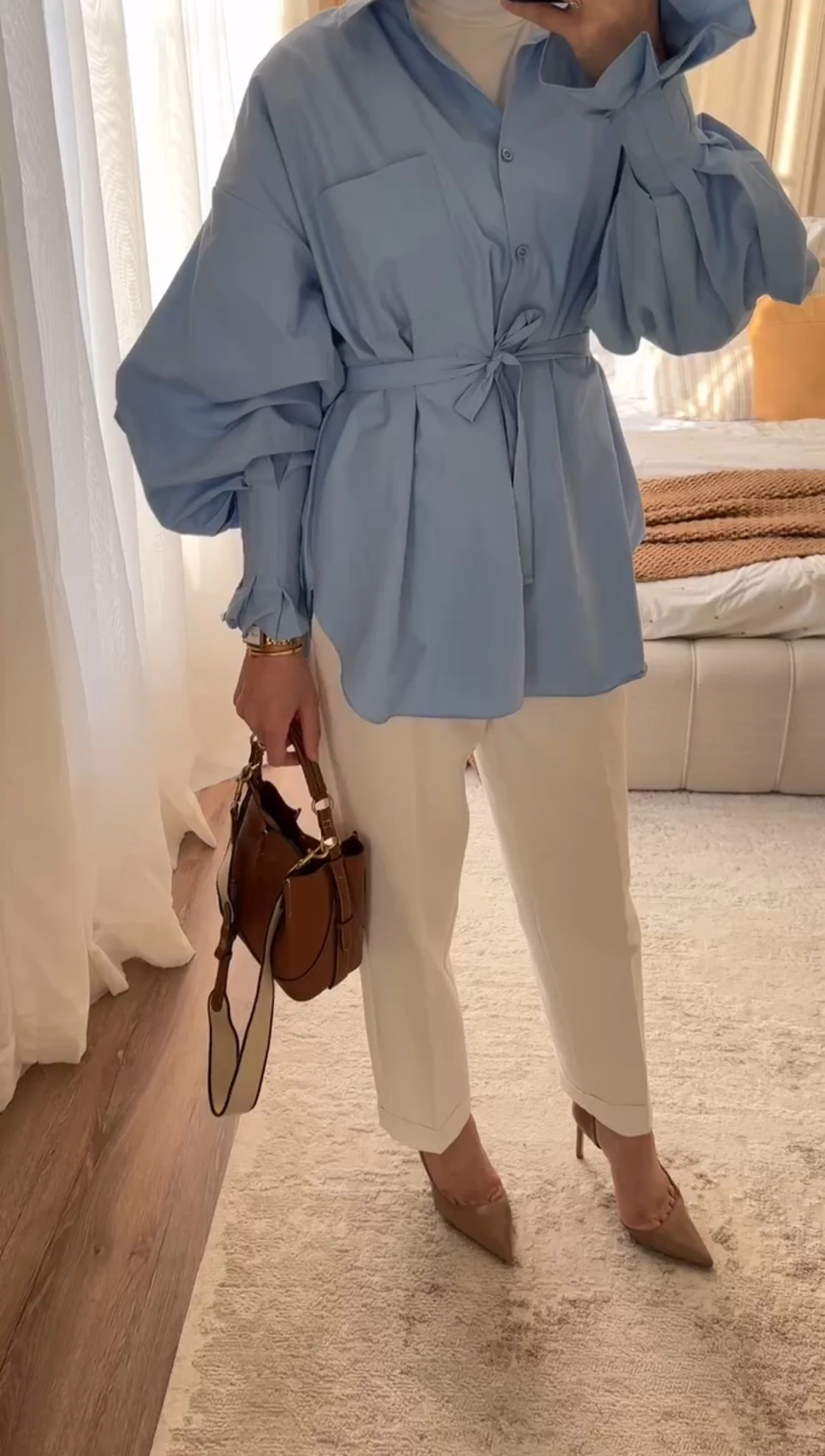 Kol Detaylı Poplin Gömlek - Mavi