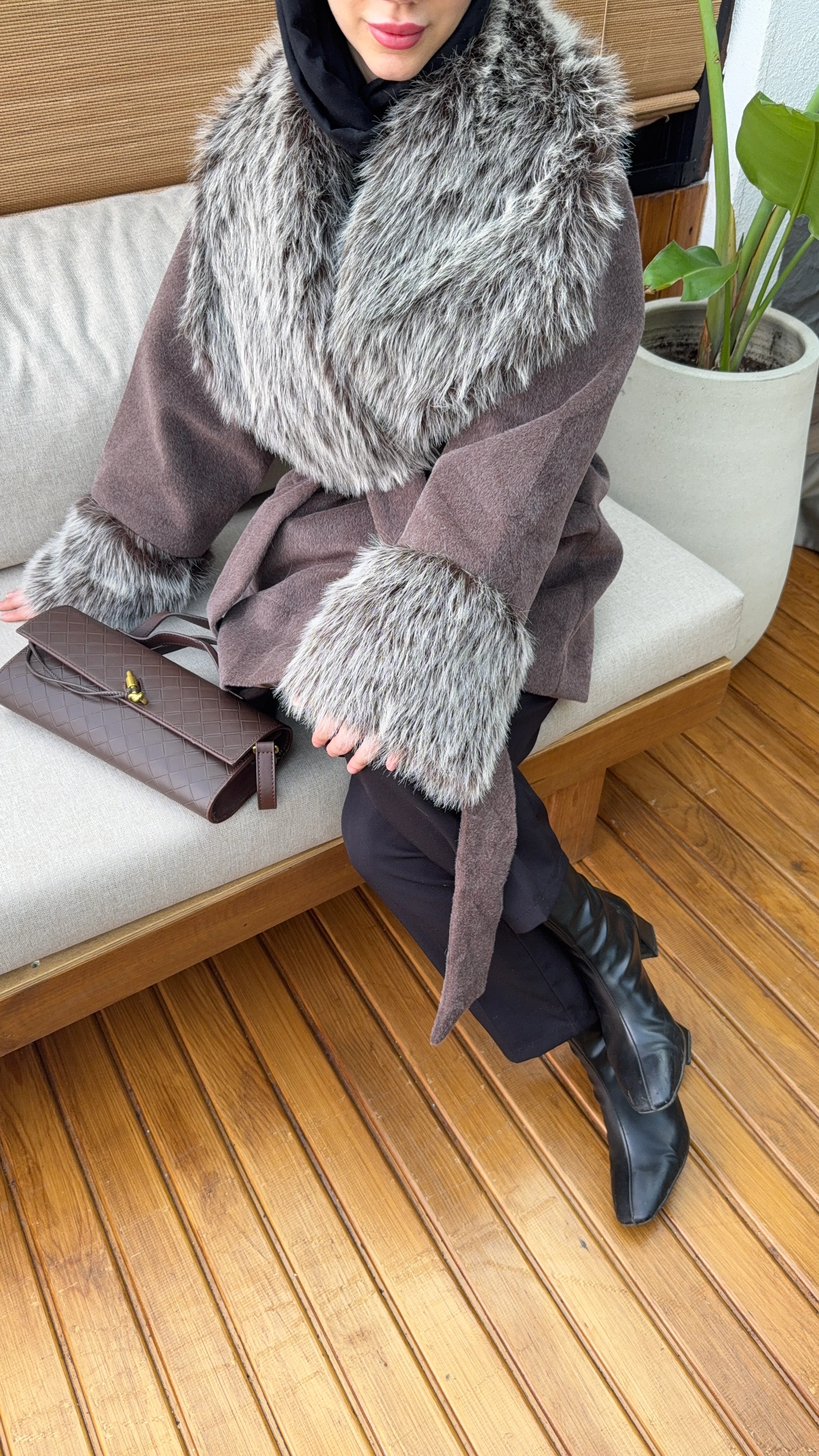 İthal Kürklü Kaban - Kahverengi