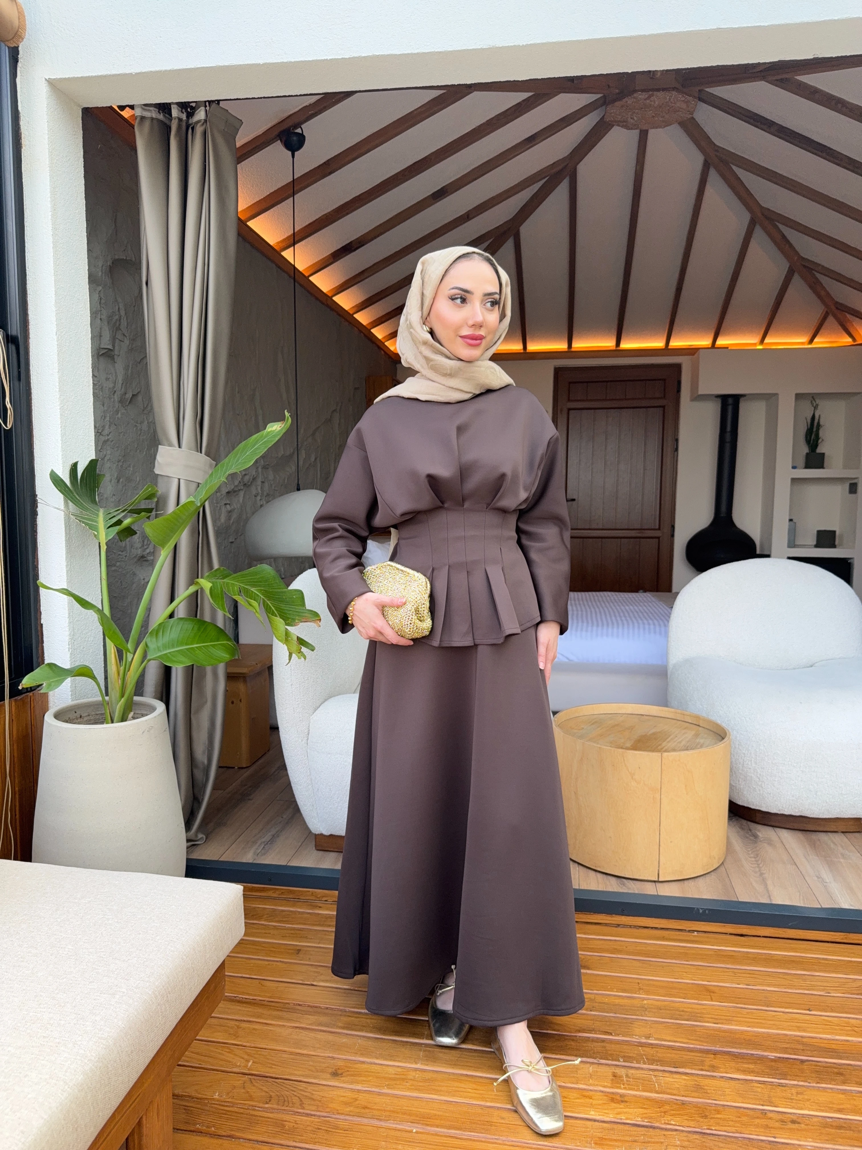 Belden Piliseli Etekli Takım - Kahverengi