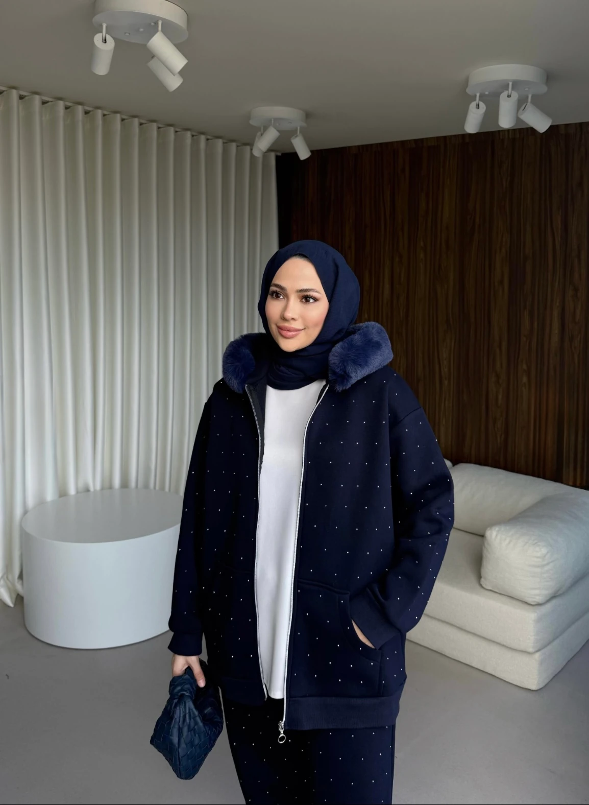 3 iplik Taşlı Kürklü Takım - Lacivert