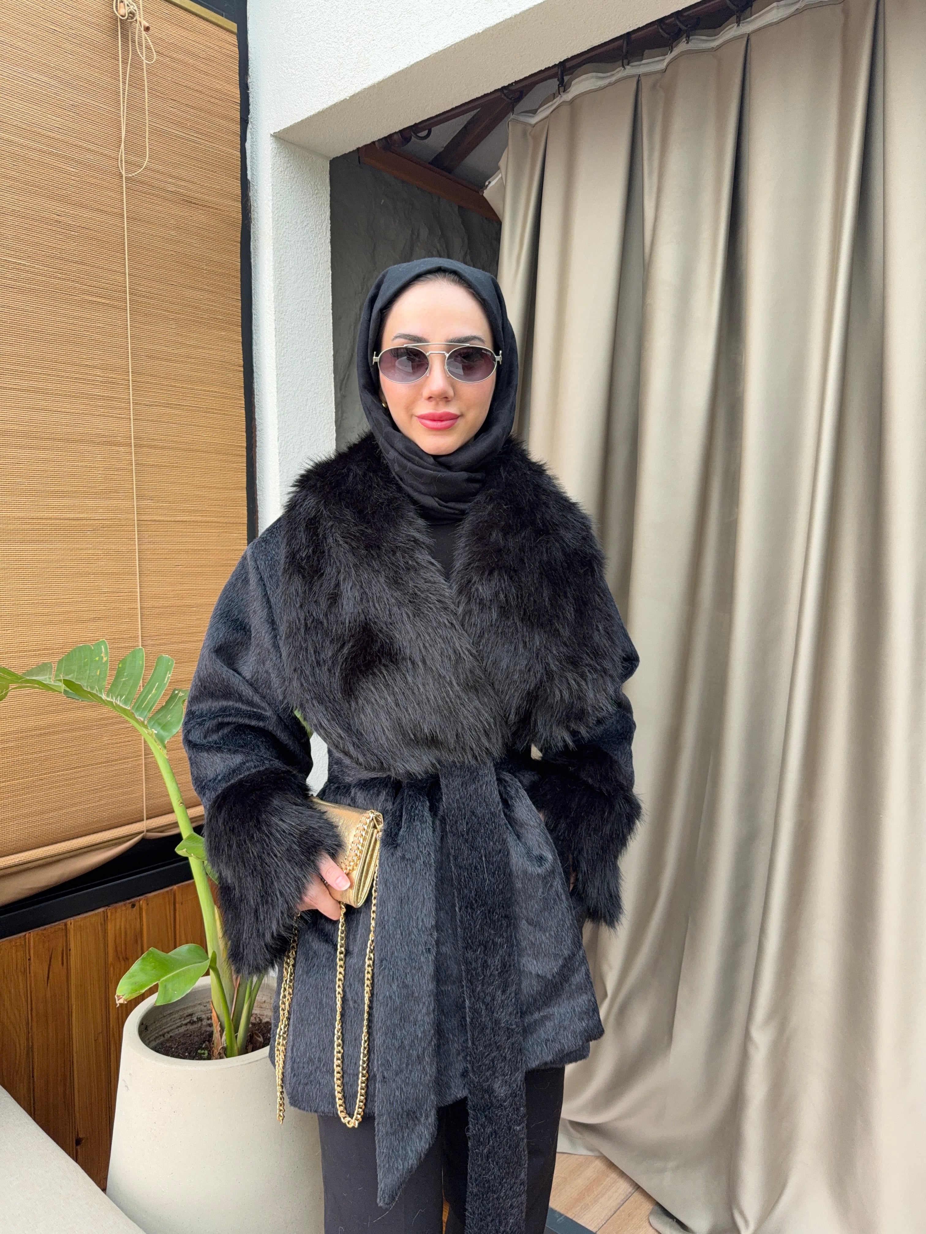 İthal Kürklü Kaban - Siyah