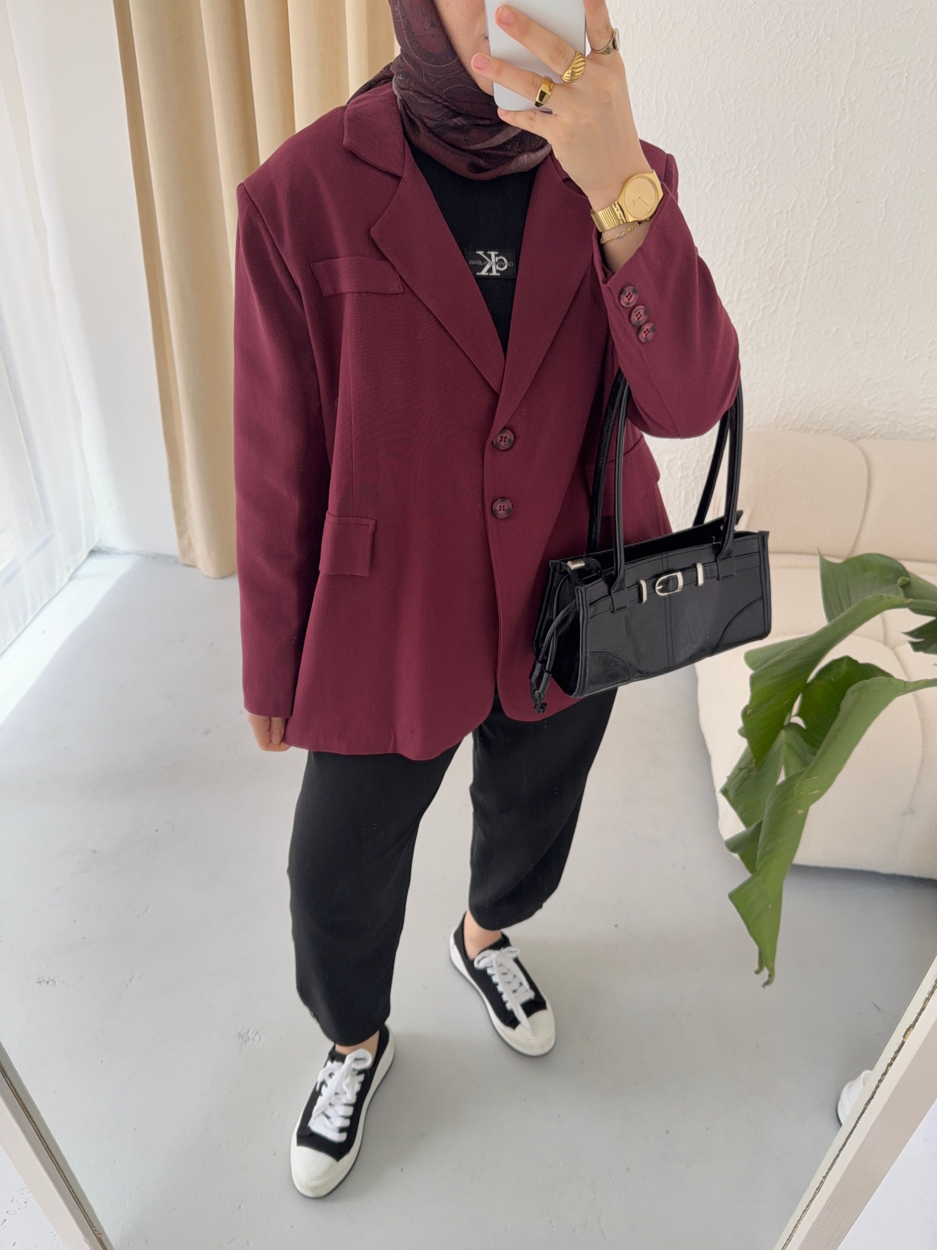 Keten Dad Blazer Ceket - bordo