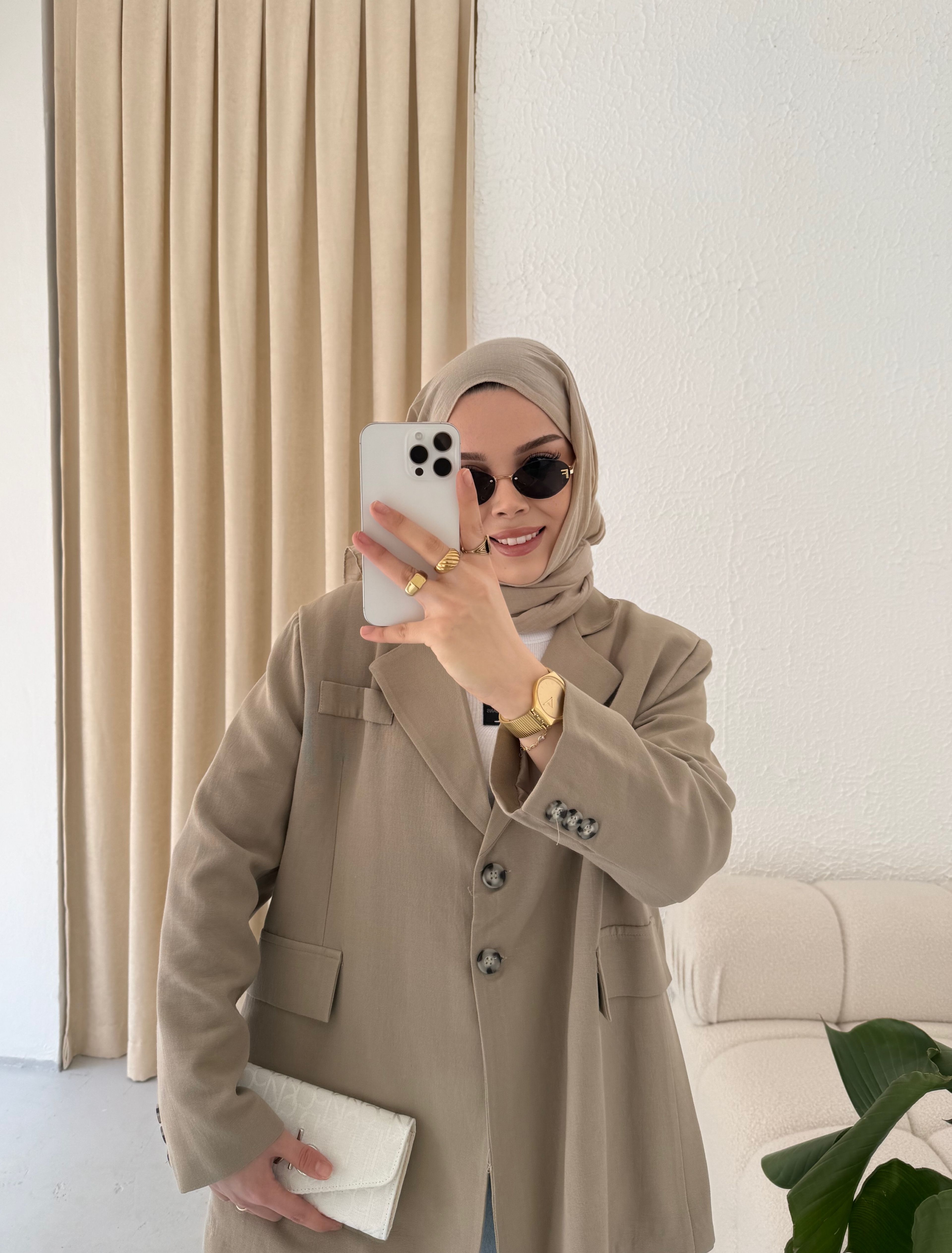 Keten Dad Blazer Ceket - Bej