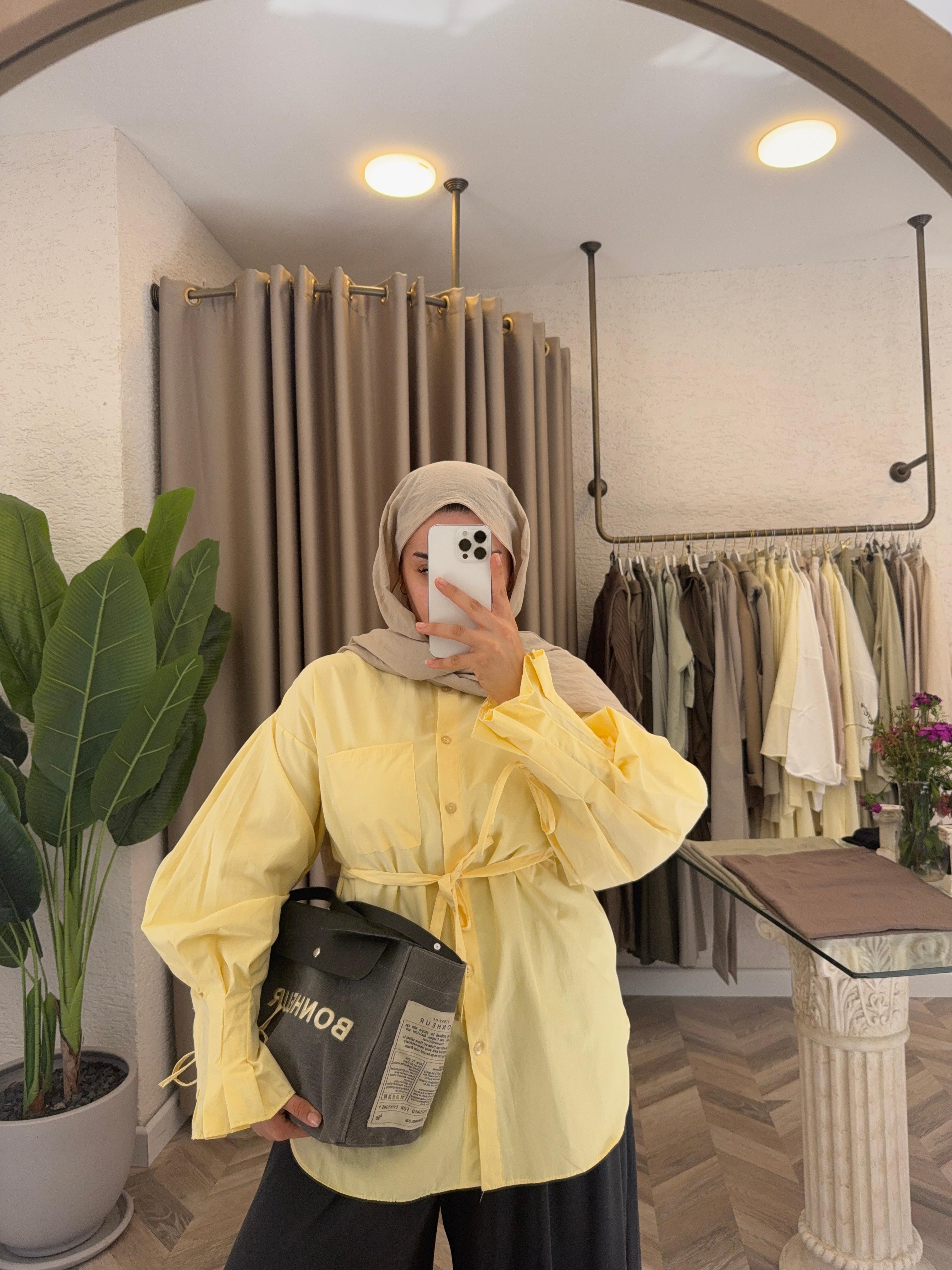 Kol Detaylı Poplin Gömlek - Limon