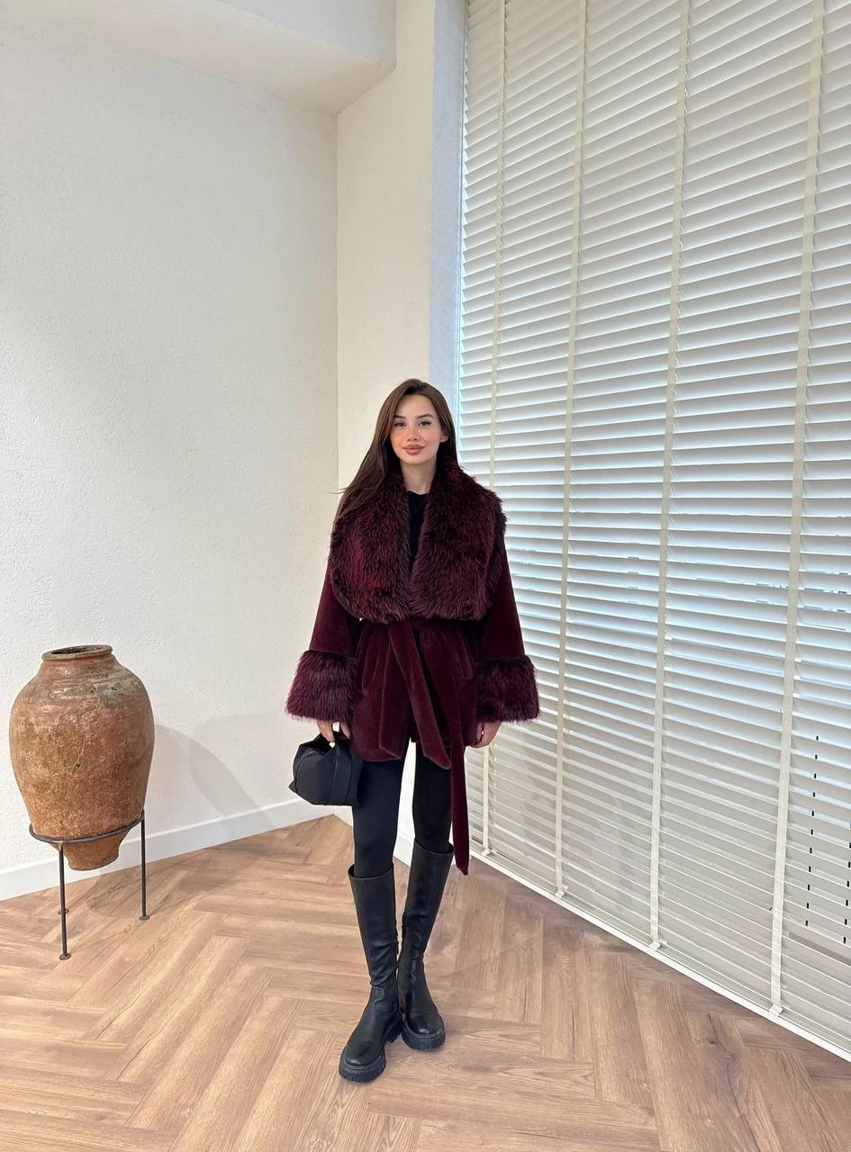 İthal Kürklü Kaban - bordo