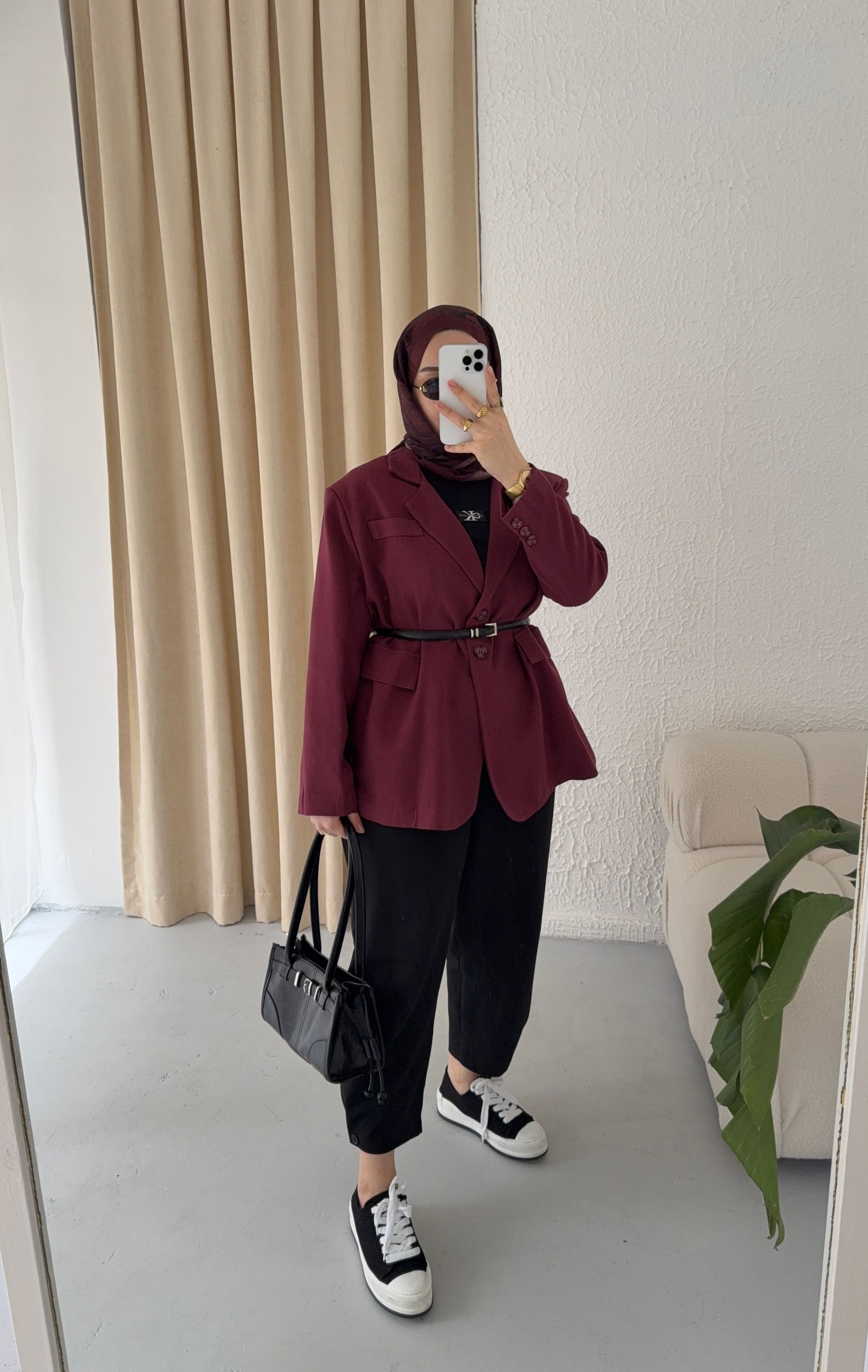 Keten Dad Blazer Ceket - bordo