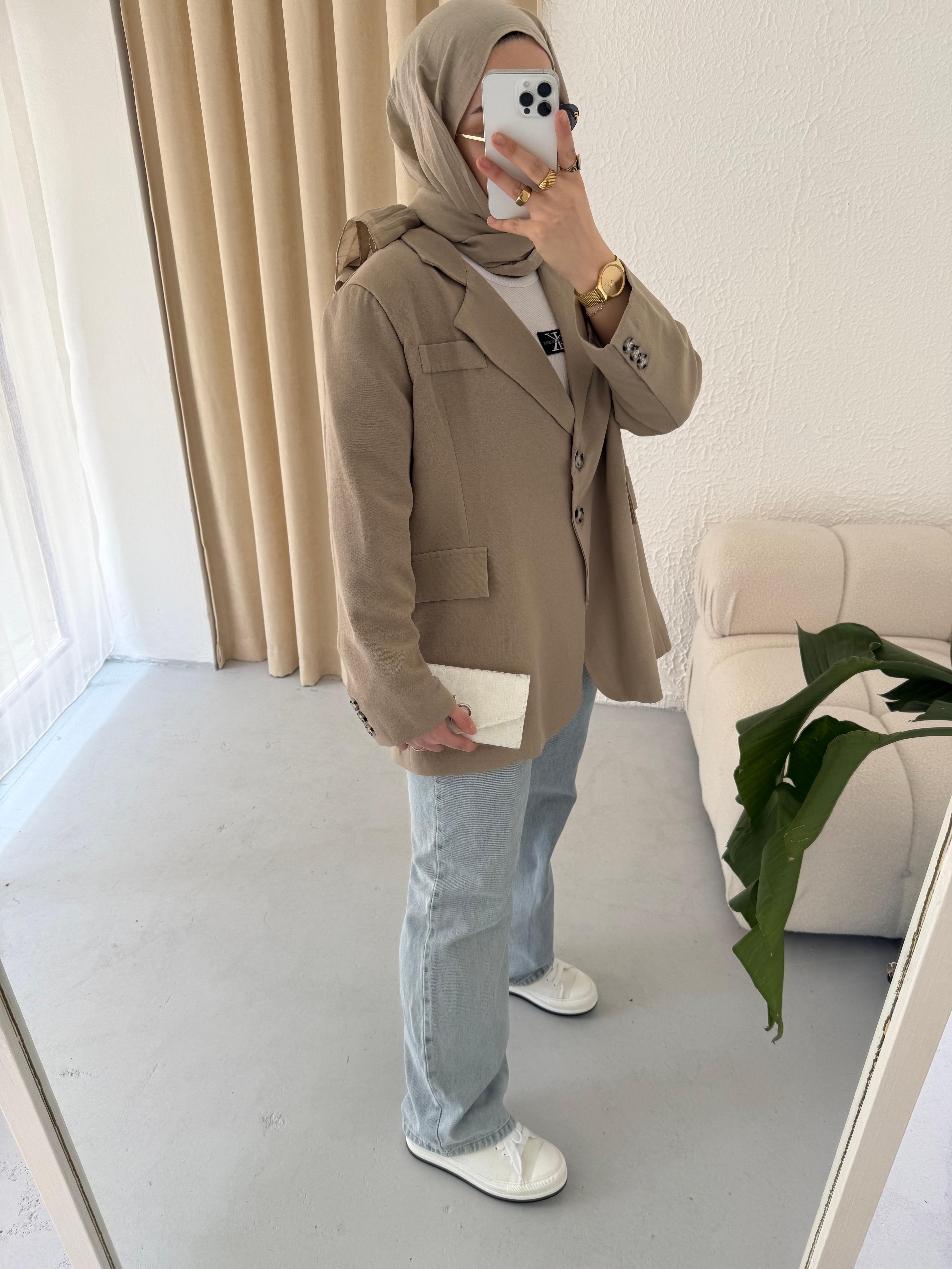Keten Dad Blazer Ceket - Bej