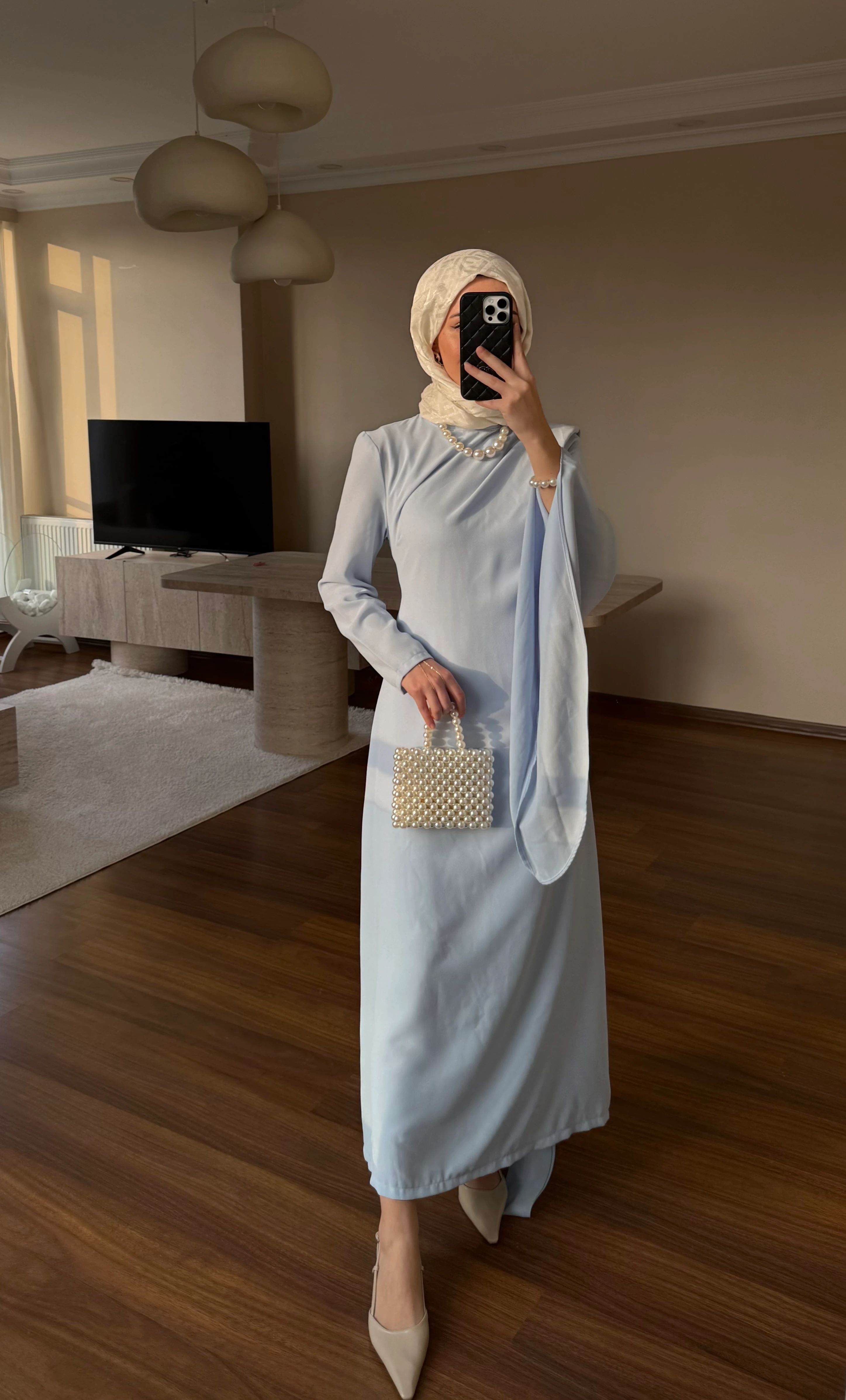 Şal Yaka Elbise  - Bebek Mavisi