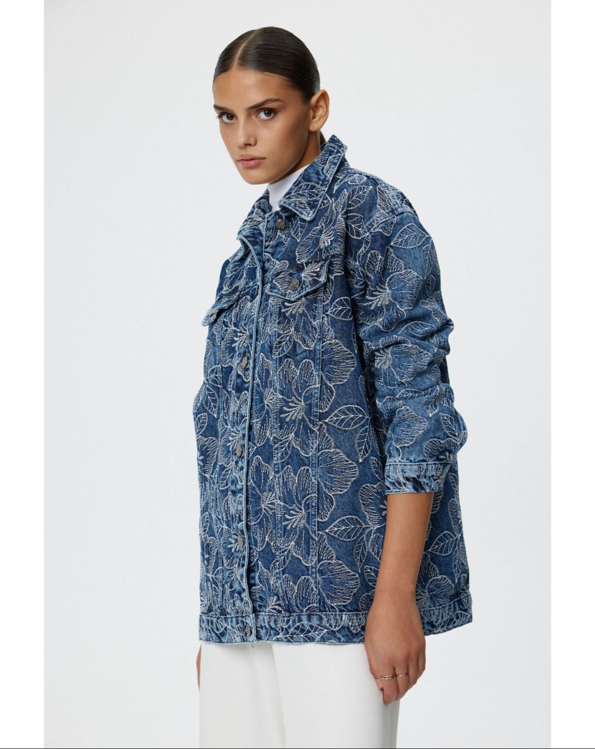 Tasarım Taşlı Kot Ceket - Mavi