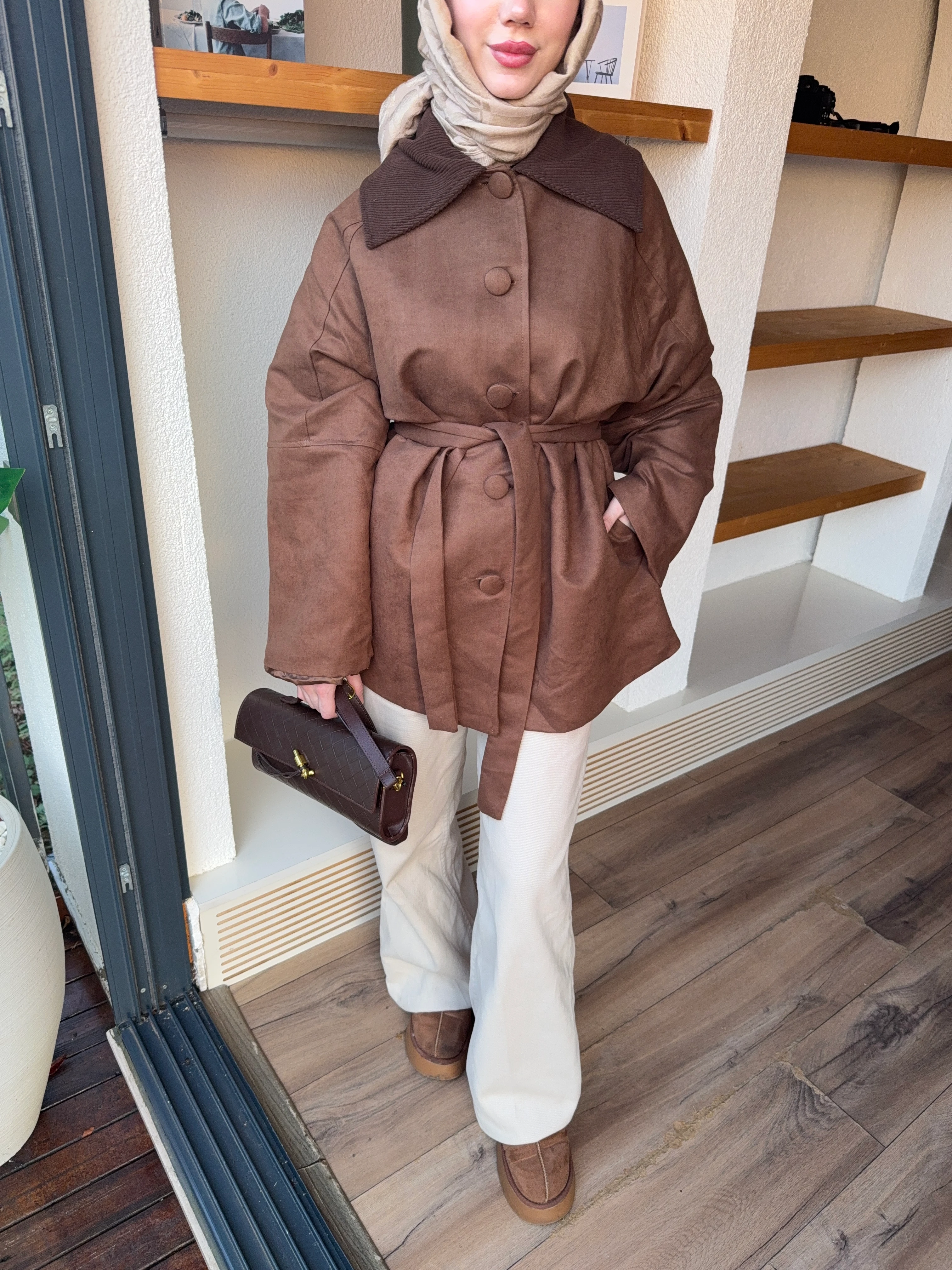 Elegant Nubuk Trençkot - Taba