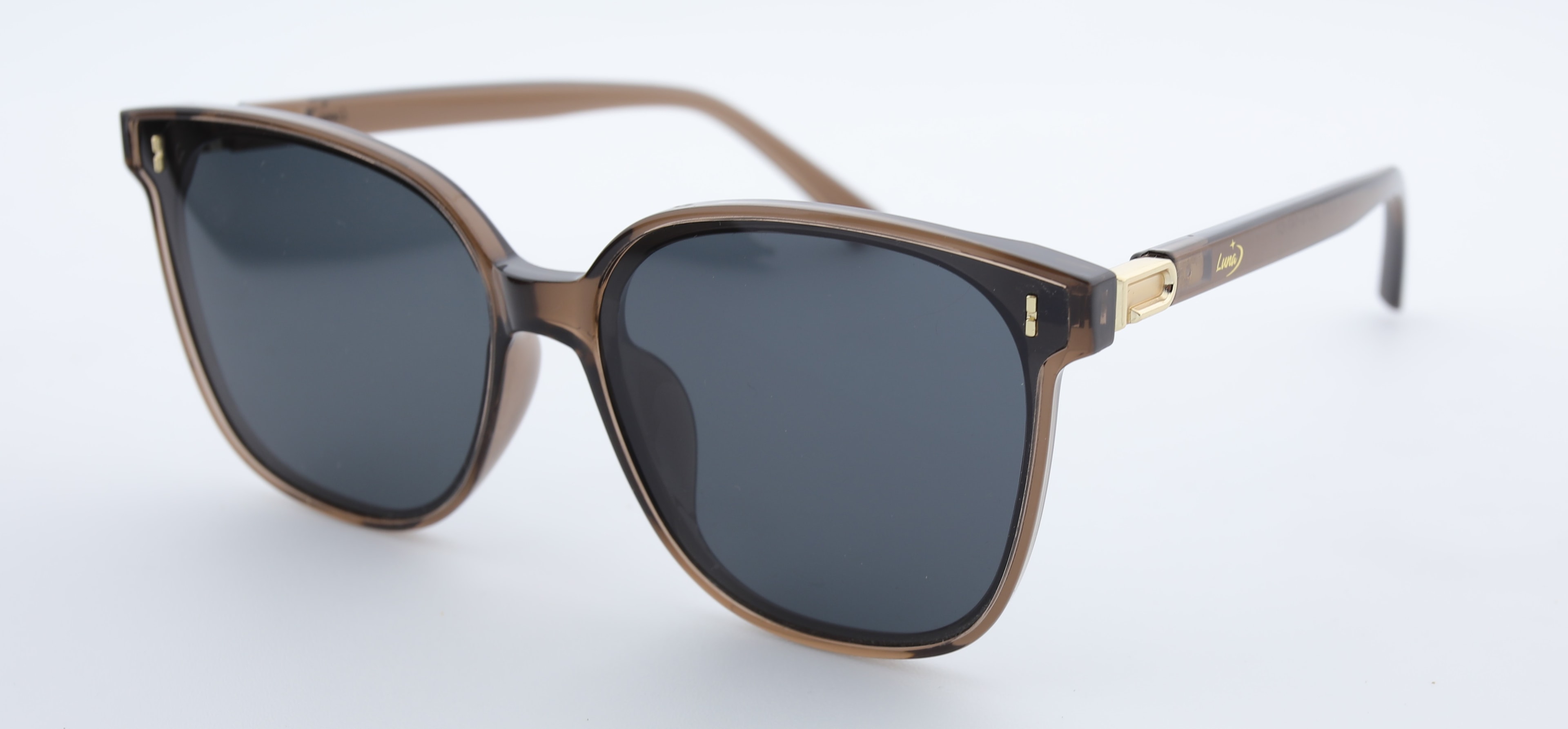 Uzayy Eyewear Luna Sepia – Kadın Güneş Gözlüğü | Kahverengi Şeffaf TR90 Çerçeve, Altın Detay, UV400 Lens, Orijinal