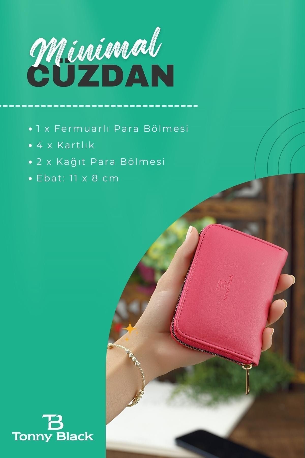 Orijinal Kadın Kartlıklı Bozuk Para Bölmeli Fermuarlı Konfor Modeli Mini Kartlık Cüzdan Cherry Red - Pembe