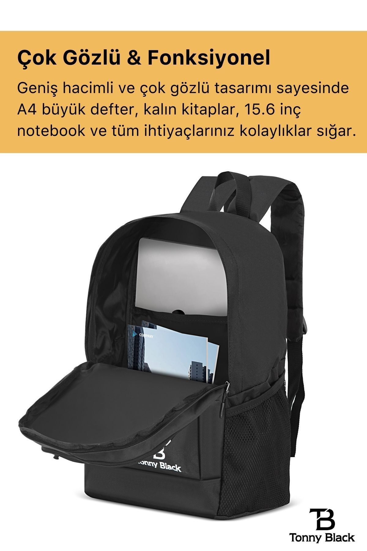 Orijinal 15.6" Unisex Ortopedik Sırt Destekli Laptop Bölmeli Notebook Bilgisayar Için Sırt Çantası - Siyah