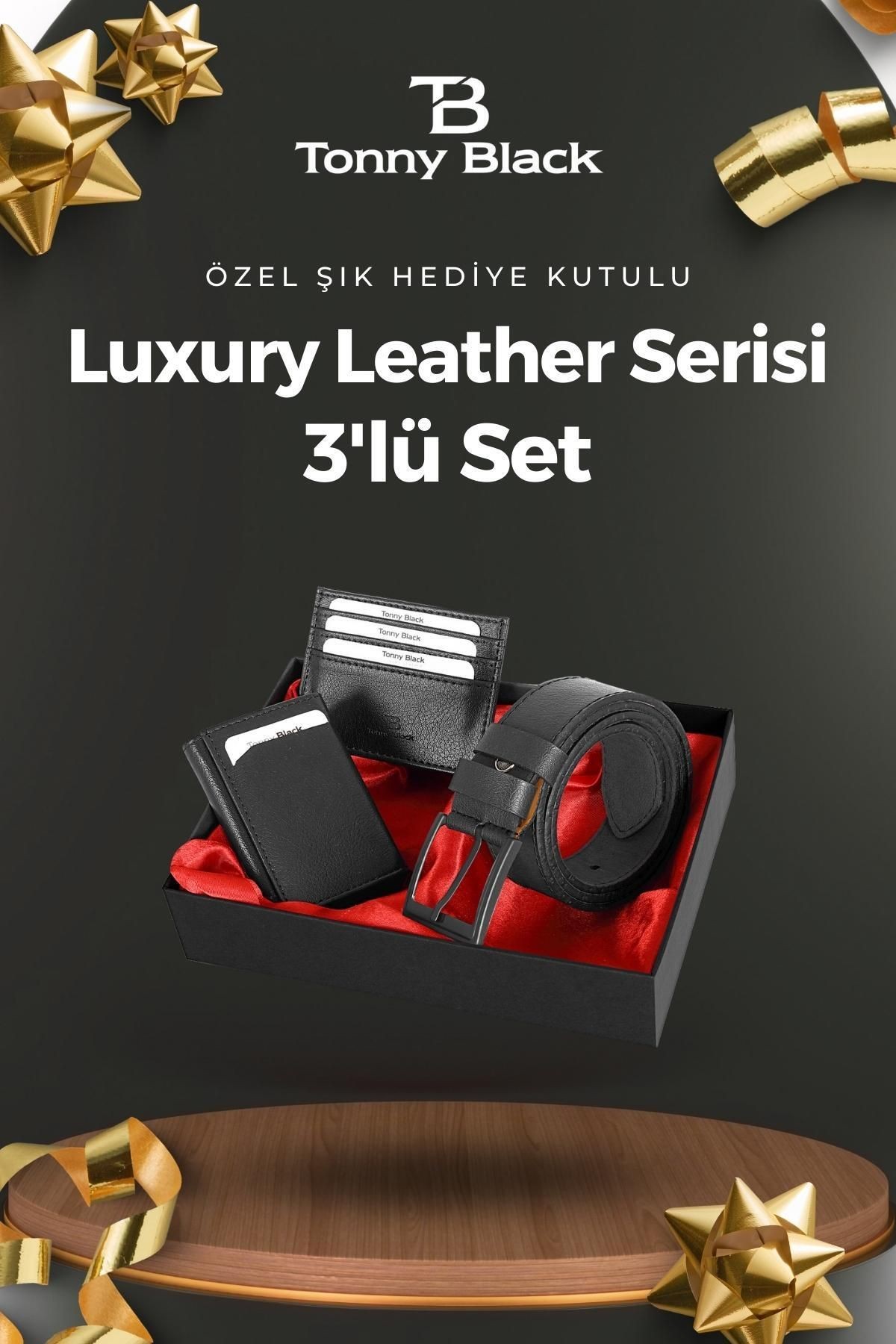 Orijinal Erkek Özel Hediye Kutulu 3'lü Set Luxury Serisi Şık Mekanizmalı Cüzdan Kartlık Kemer Seti