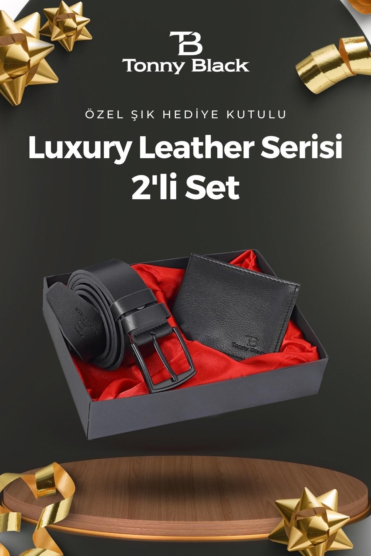 Orijinal Erkek Özel Hediye Kutulu 2'li Set Luxury Serisi Damat Hediyelik Şık Deri Kemer Cüzdan Seti - 130 cm