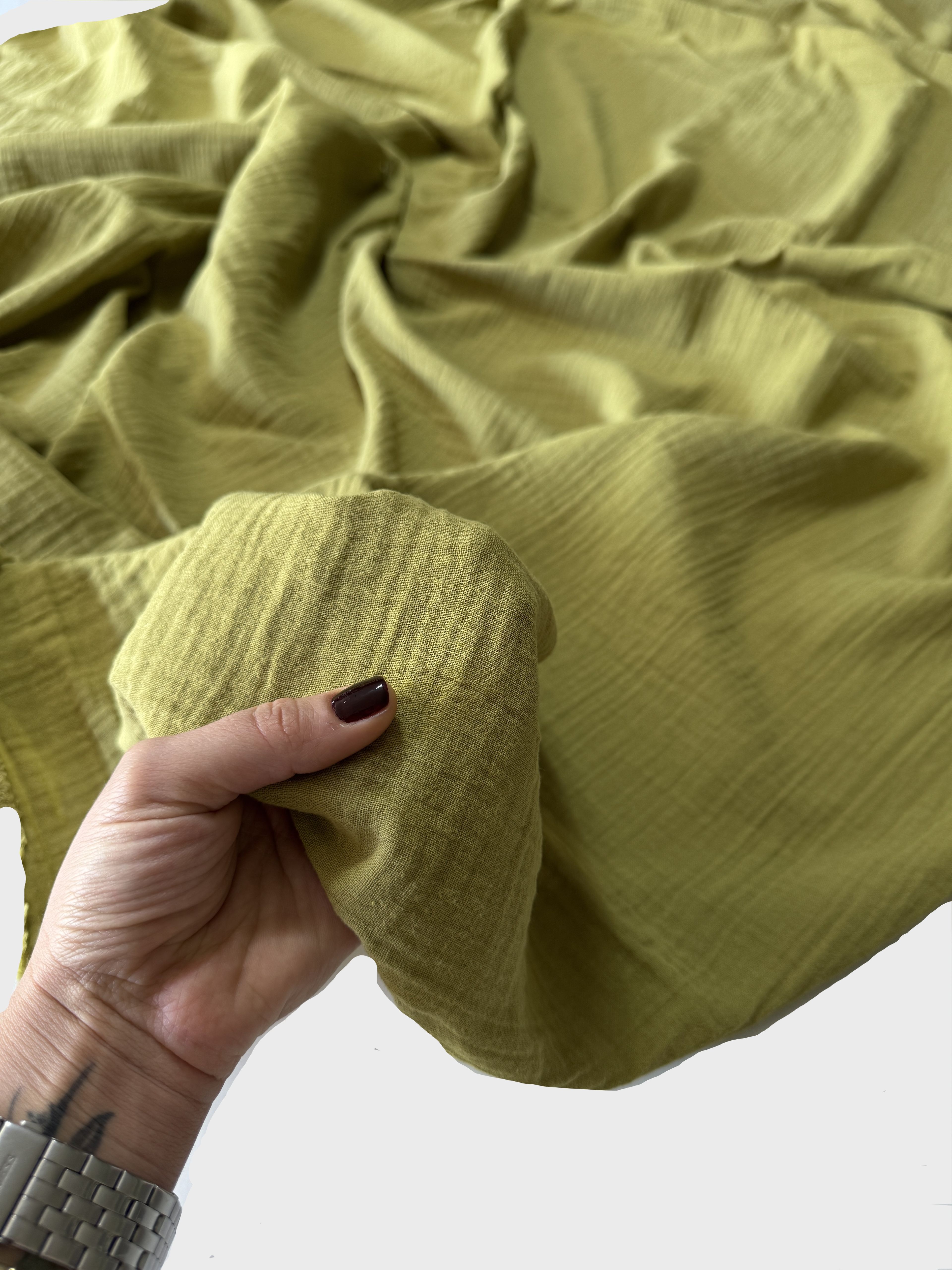 En150 X100 Çift Katlı Pamuk Müslin Kimono, Elbise, Bluz, Gömlek Ev Tekstil Ve Bebe Kumaşı reg. Müs. - yağ yeşili