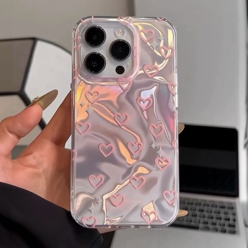 Apple iPhone 13 Pro Uyumlu Zebana Pembe Kalp Desenli Silikon Kılıf