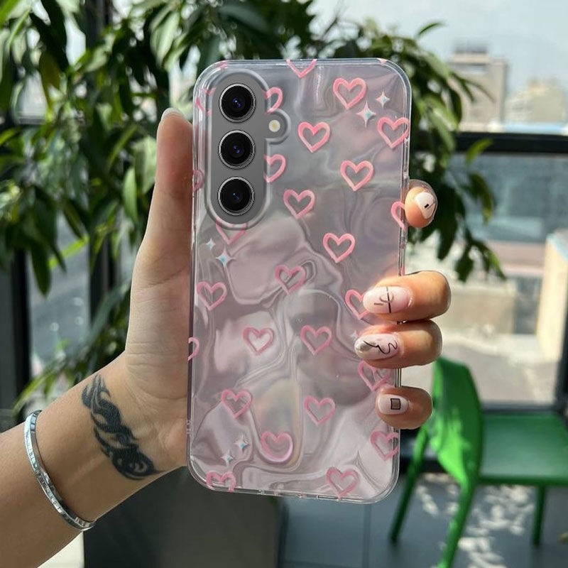 Samsung Galaxy S25 Plus Uyumlu Zebana Pembe Kalp Desenli Silikon Kılıf