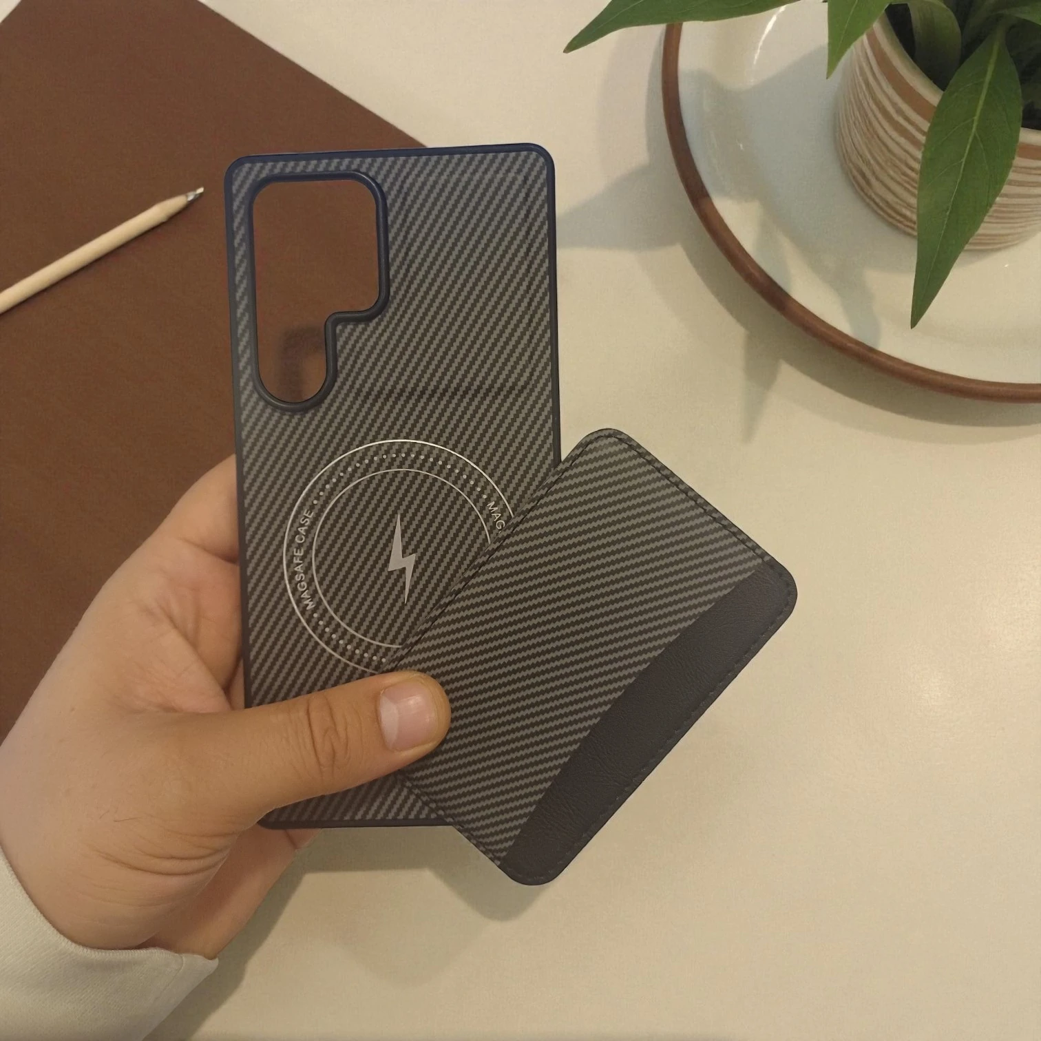 Samsung S25 Ultra Uyumlu Rona MagCarbon Fiber Doku Manyetik Kılıf + Kartlık Cüzdan