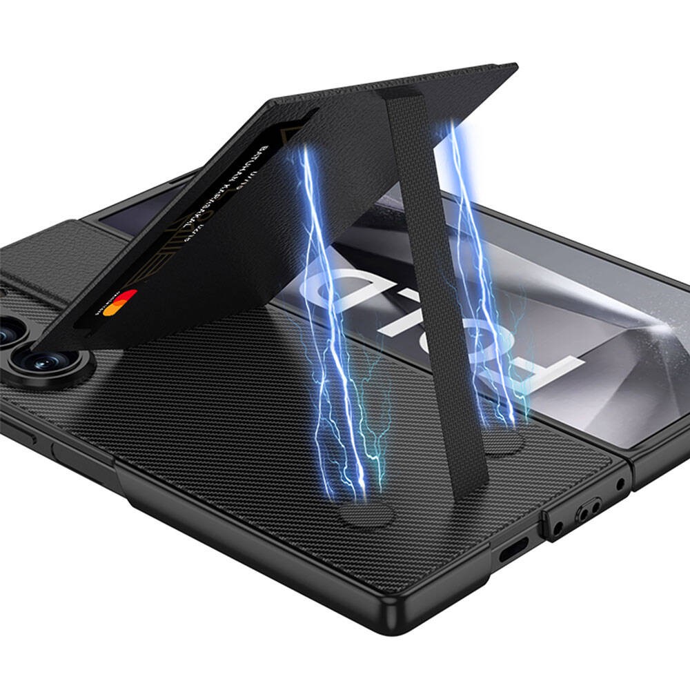 Galaxy Z Fold 6 Karbon Fiber Deri Kartlıklı Zore Kıpta Dik Açılan Kartlıklı