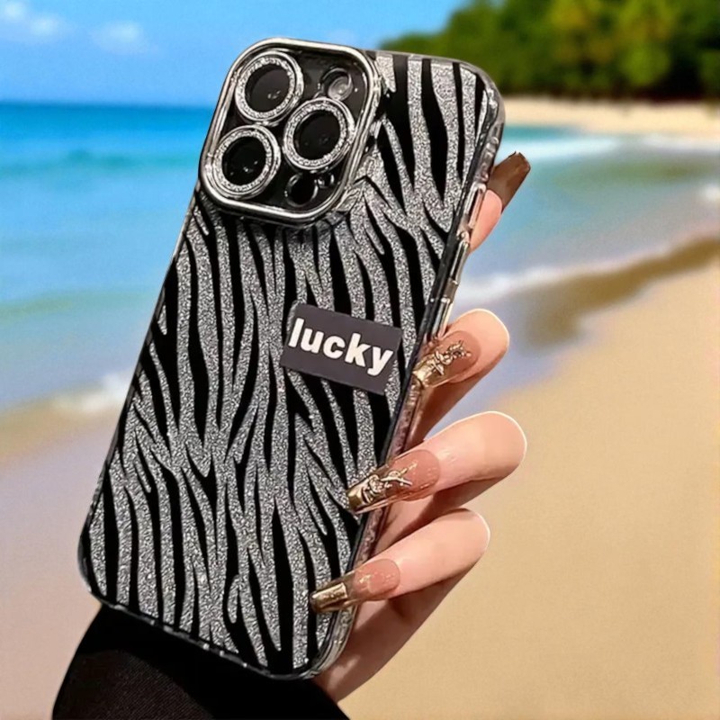 iPhone 15 Pro Uyumlu Zebana Camlı Lens Korumalı Lucky Işıltı Silikon Kılıf(Siyah)