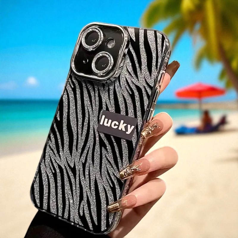 iPhone 13 Uyumlu Zebana Camlı Lens Korumalı Lucky Işıltı Silikon Kılıf(Siyah)