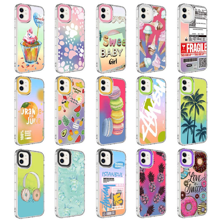 iPhone 11 Compatible Camera Protected Colorful Patterned Hard Silicone Rona Patterned Case