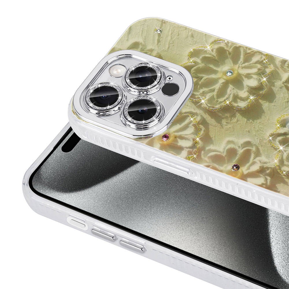 iPhone 15 Pro Çiçek Desenli Parlak Taşlı Sert Silikon Zore Garden