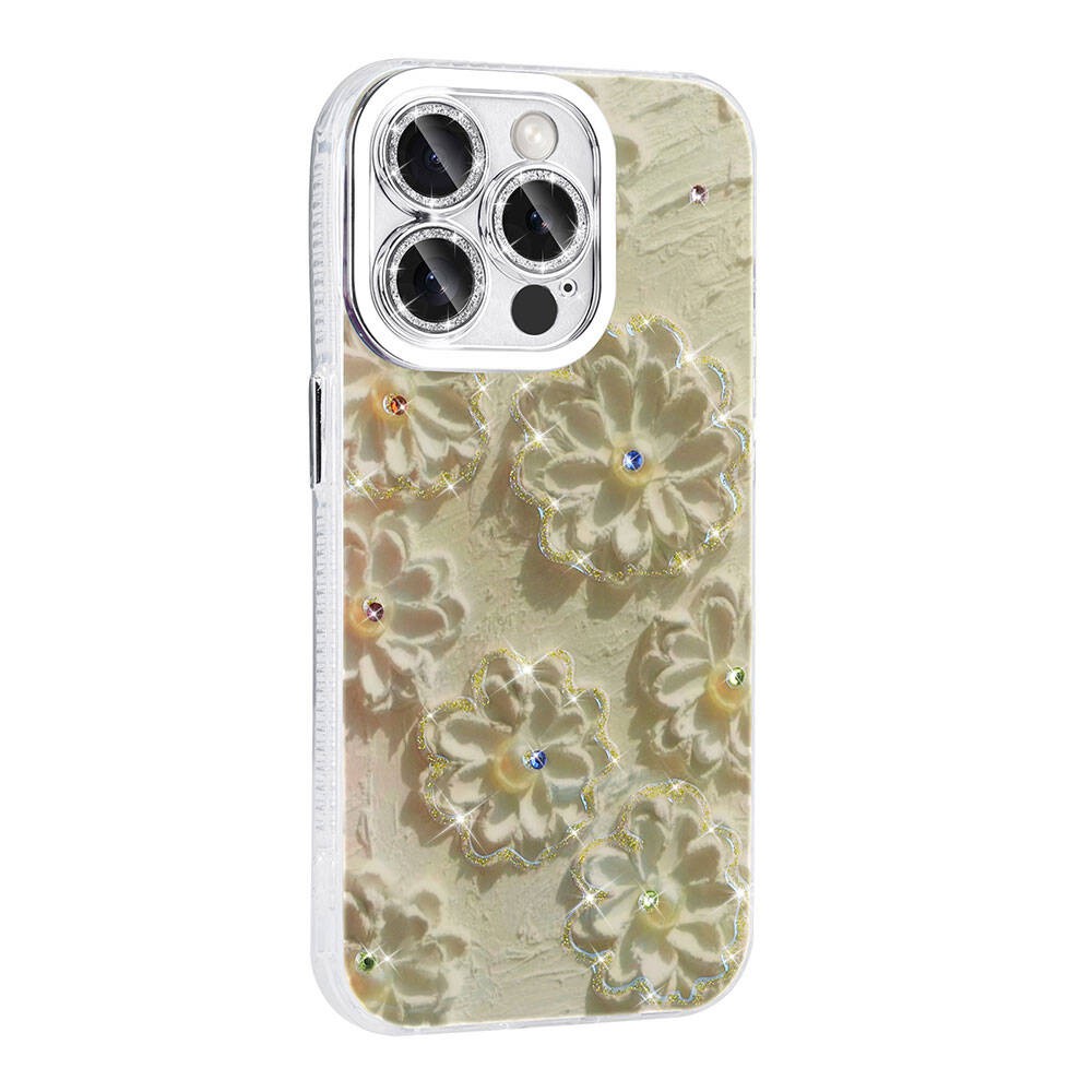 iPhone 15 Pro Çiçek Desenli Parlak Taşlı Sert Silikon Zore Garden