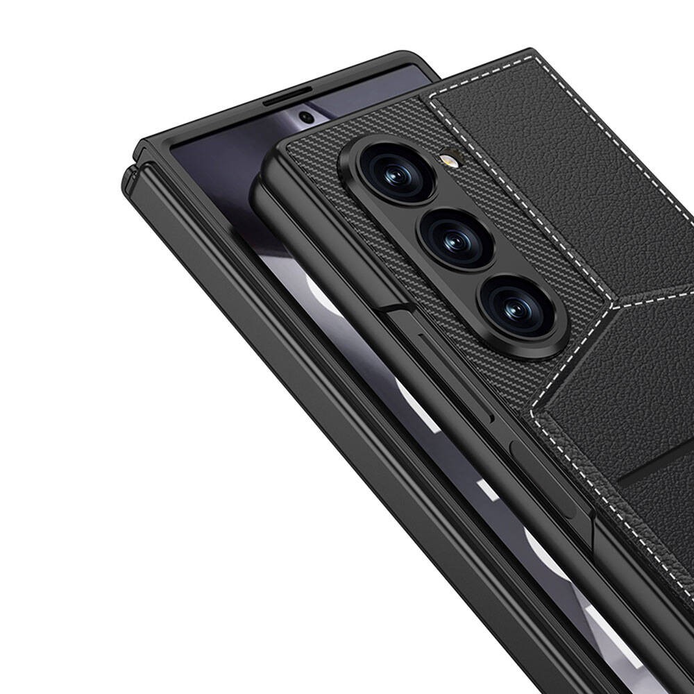 Galaxy Z Fold 6 Karbon Fiber Deri Kartlıklı Zore Kıpta Dik Açılan Kartlıklı