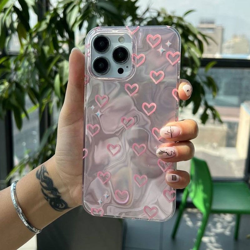 Apple iPhone 14 Pro Uyumlu Zebana Pembe Kalp Desenli Silikon Kılıf