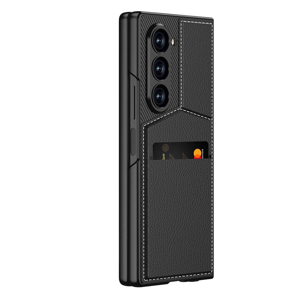 Galaxy Z Fold 6 Karbon Fiber Deri Kartlıklı Zore Kıpta Dik Açılan Kartlıklı
