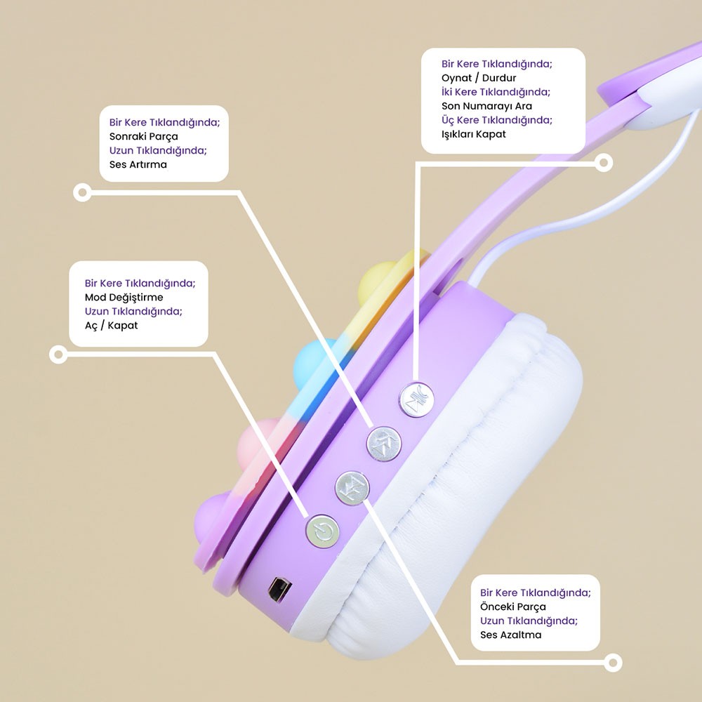 Zore B30 RGB Led Işıklı Kedi Kulağı Band Tasarımı Katlanabilir Kulak Üstü Bluetooth Kulaklık