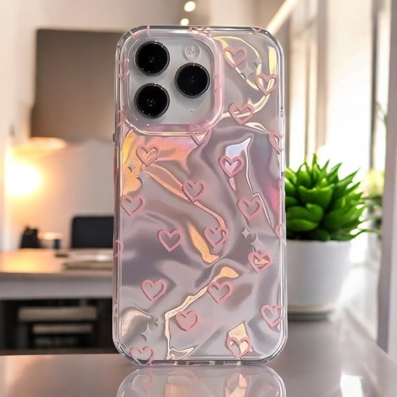 Apple iPhone 13 Pro Uyumlu Zebana Pembe Kalp Desenli Silikon Kılıf