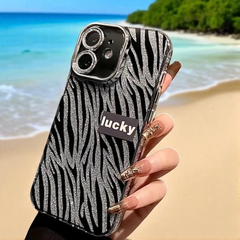 iPhone 12 Uyumlu Zebana Camlı Lens Korumalı Lucky Işıltı Silikon Kılıf(Siyah)