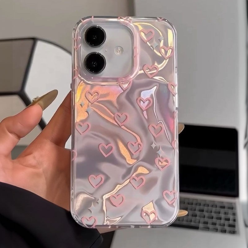 Apple iPhone 12 Uyumlu Zebana Pembe Kalp Desenli Silikon Kılıf
