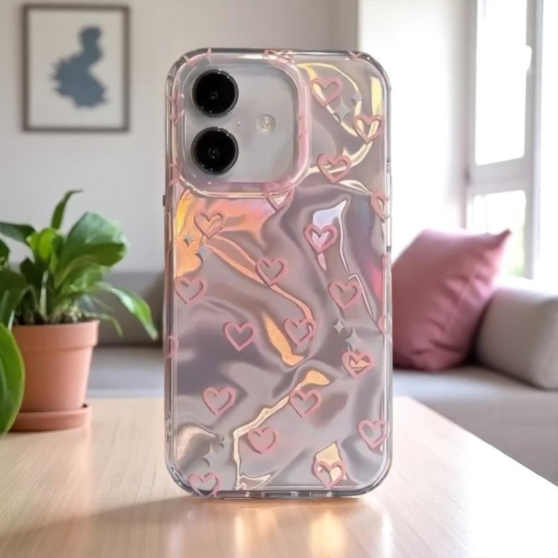 Apple iPhone 12 Uyumlu Zebana Pembe Kalp Desenli Silikon Kılıf